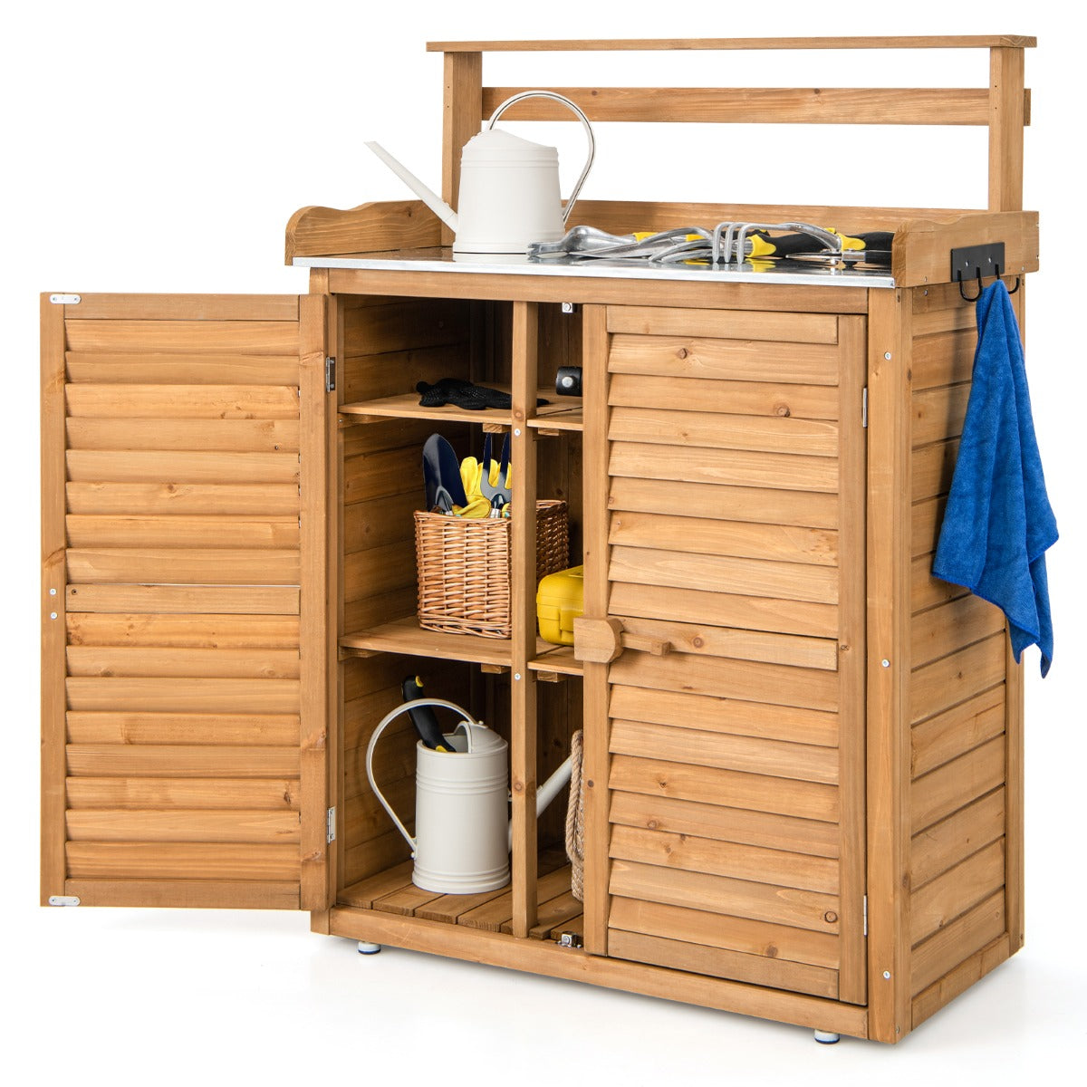 LIVSK Plantenbank met Opbergruimte - Massief Dennenhout - Gegalvaniseerd Werkblad - Ergonomisch - 87 x 45 x 120 cm - Natuur