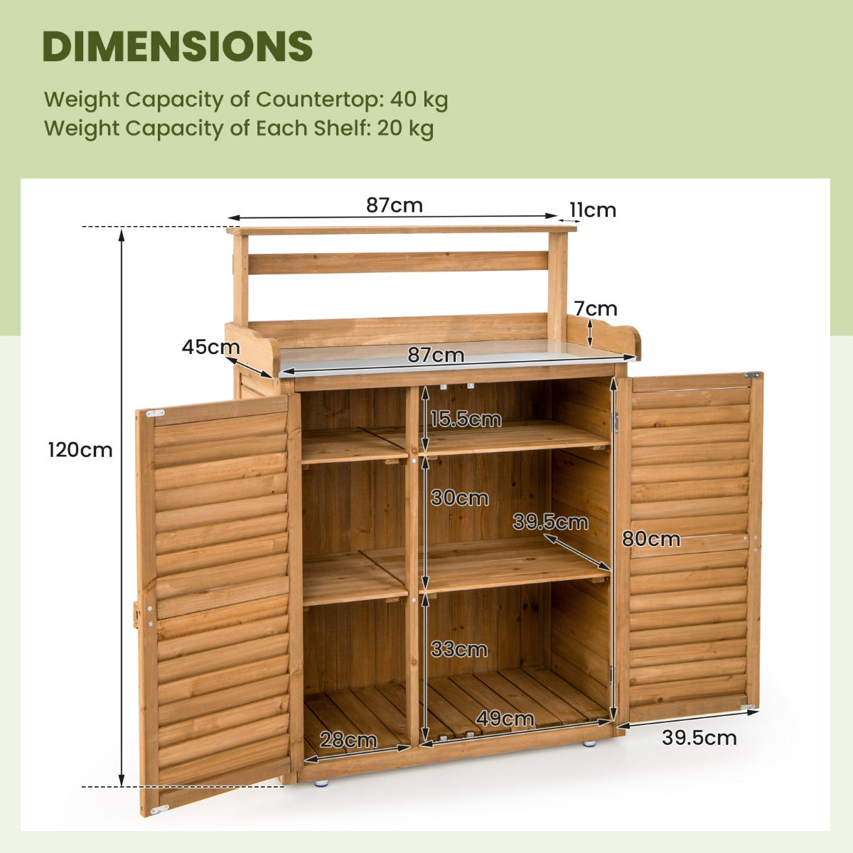 LIVSK Plantenbank met Opbergruimte - Massief Dennenhout - Gegalvaniseerd Werkblad - Ergonomisch - 87 x 45 x 120 cm - Natuur