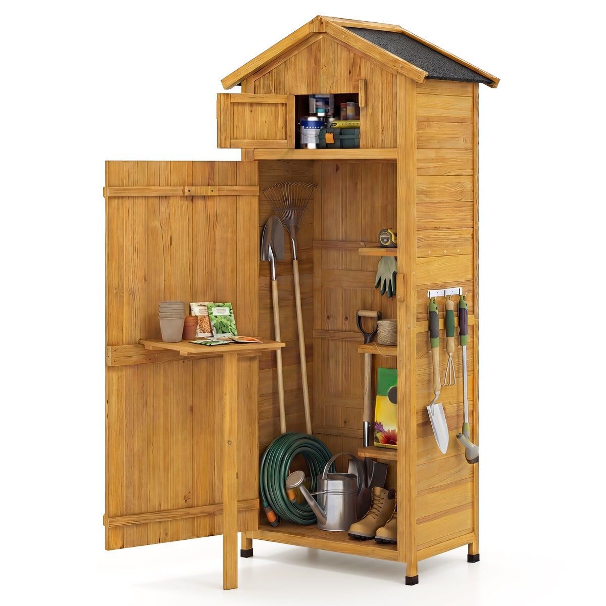 Livsk costway houten tuinkast tuinhuisje met afsluitbare schuurdeur uitneembare planken opklapbare zijtafel haken 1