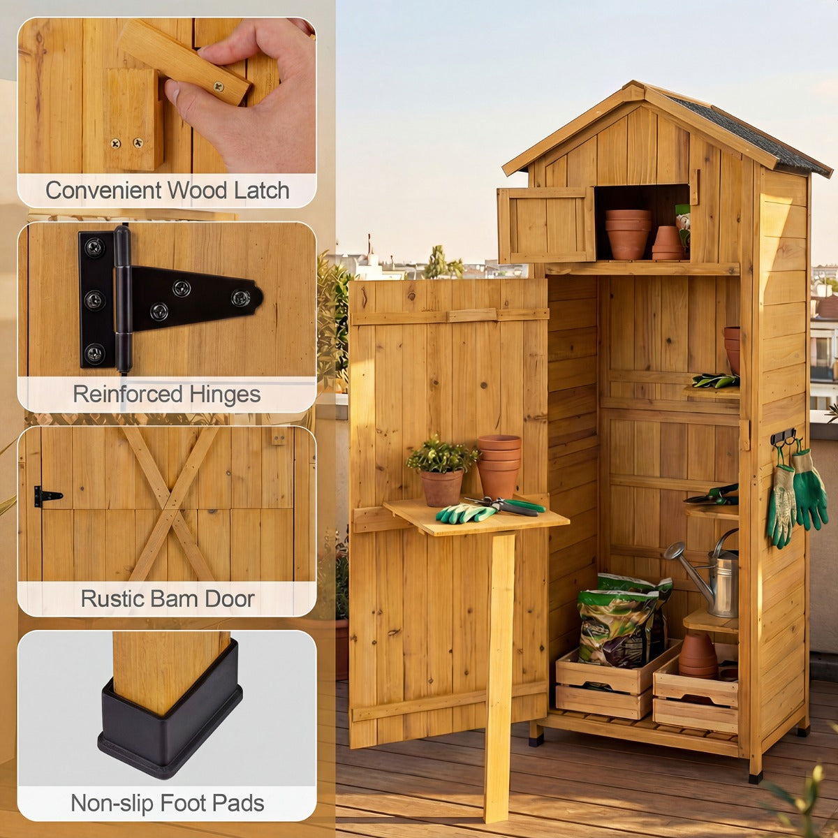 Livsk costway houten tuinkast tuinhuisje met afsluitbare schuurdeur uitneembare planken opklapbare zijtafel haken