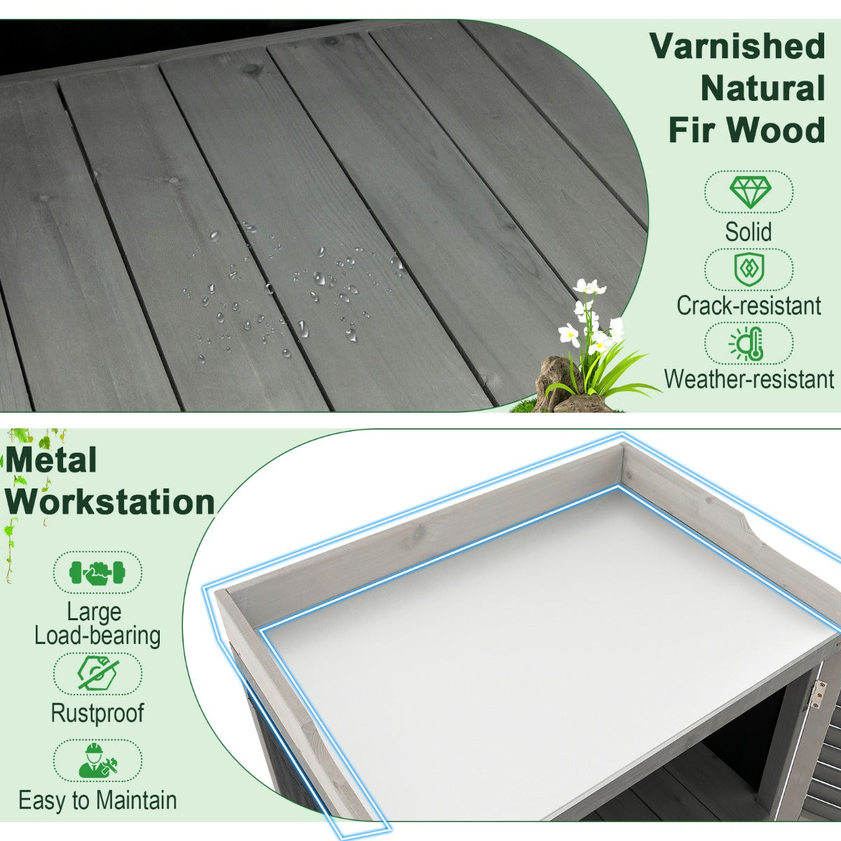 LIVSK Houten Plantentafel met Waterdicht Tafelblad - Ruim Werkstation met Opbergruimte - Ergonomisch - 67 x 47 x 100 cm - Grijs