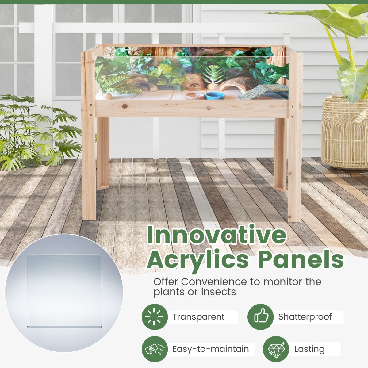 LIVSK Verhoogde Bloembak met Transparante Acrylplaten - 130 L Capaciteit - Weerbestendig Dennenhout - Afvoergaten - 100 x 59 x 77
