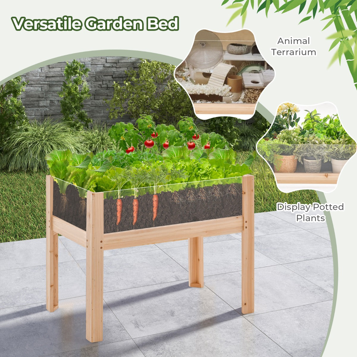 LIVSK Verhoogde Bloembak met Acrylplaten - 50 L Capaciteit - Afvoergaten - 61 cm Hoog - Duurzaam Dennenhout - Natuur
