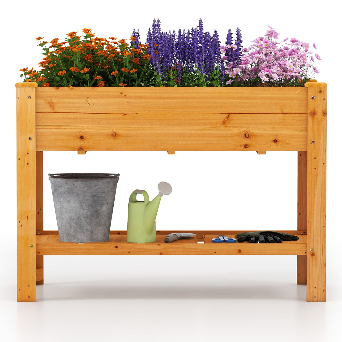 LIVSK Verhoogde Houten Tuinbak met Drainage - 120 x 60 x 81 cm - Ergonomisch - Opbergplank - Sparrenhout - Koffie