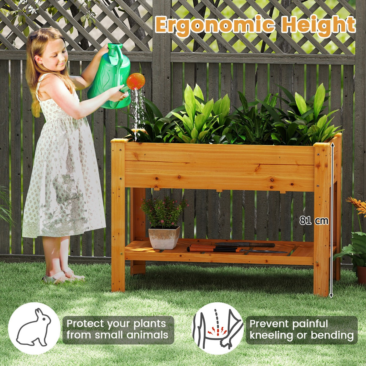 LIVSK Verhoogde Houten Tuinbak met Drainage - 120 x 60 x 81 cm - Ergonomisch - Opbergplank - Sparrenhout - Koffie