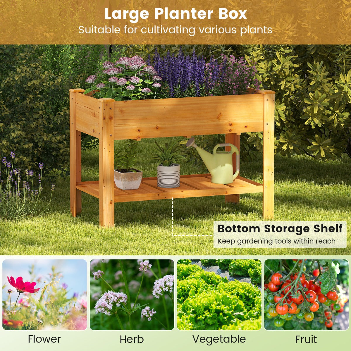 LIVSK Verhoogde Houten Tuinbak met Drainage - 120 x 60 x 81 cm - Ergonomisch - Opbergplank - Sparrenhout - Koffie