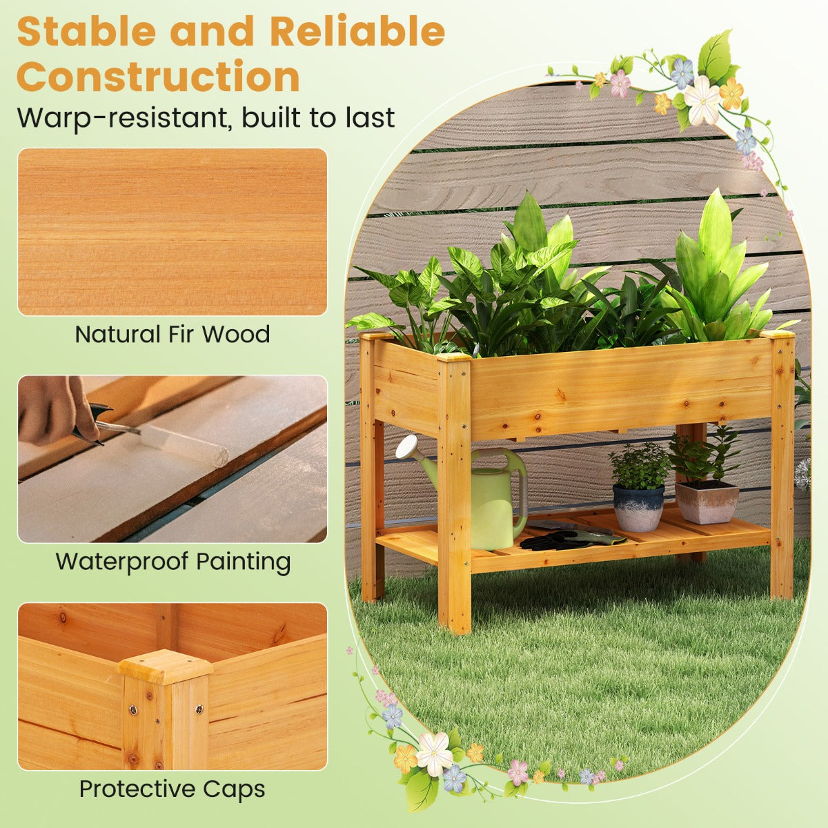 LIVSK Verhoogde Houten Tuinbak met Drainage - 120 x 60 x 81 cm - Ergonomisch - Opbergplank - Sparrenhout - Koffie