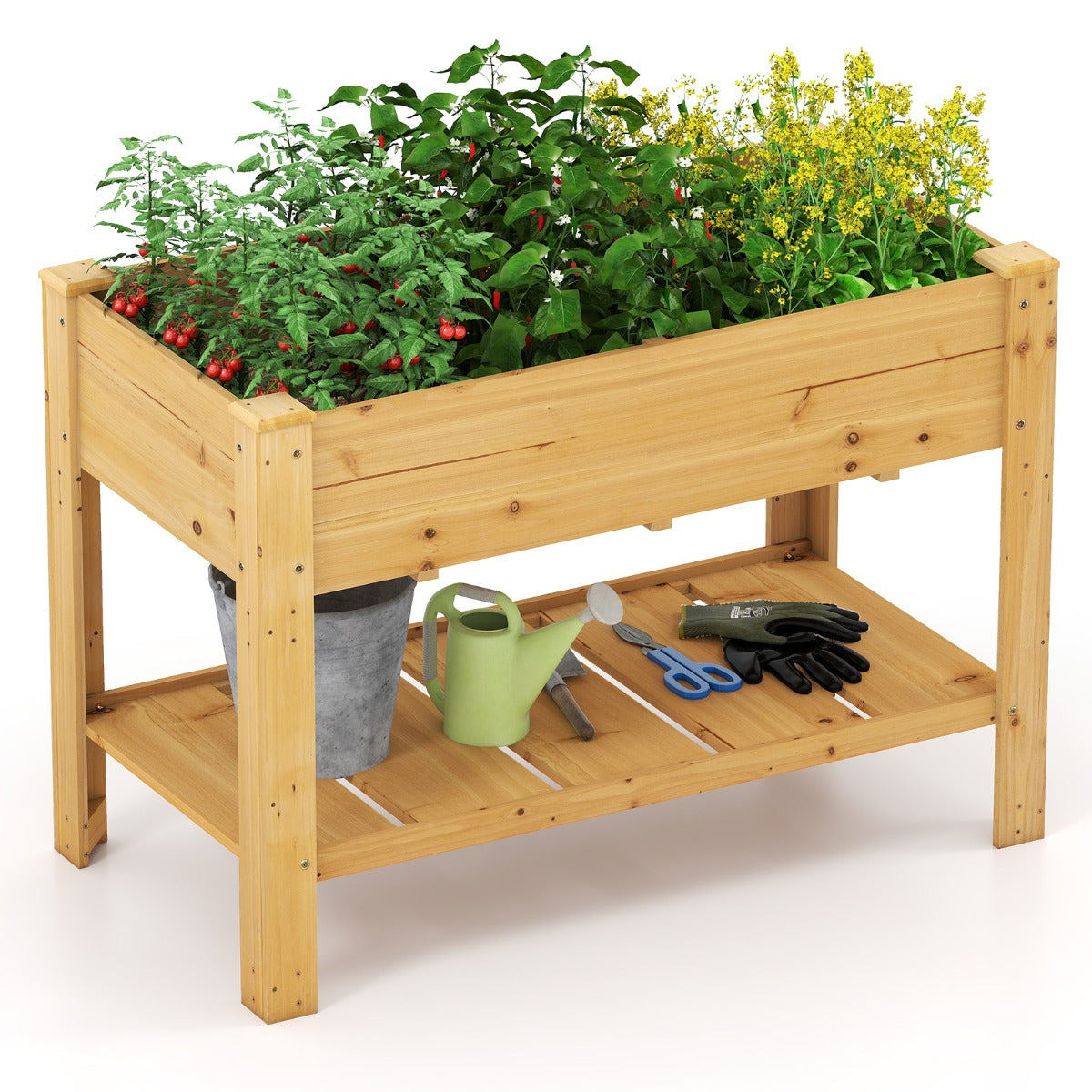LIVSK Verhoogde Houten Tuinbak met Drainage - 120 x 60 x 81 cm - Ergonomisch - Opbergplank - Voor Planten - Koffie / Natural