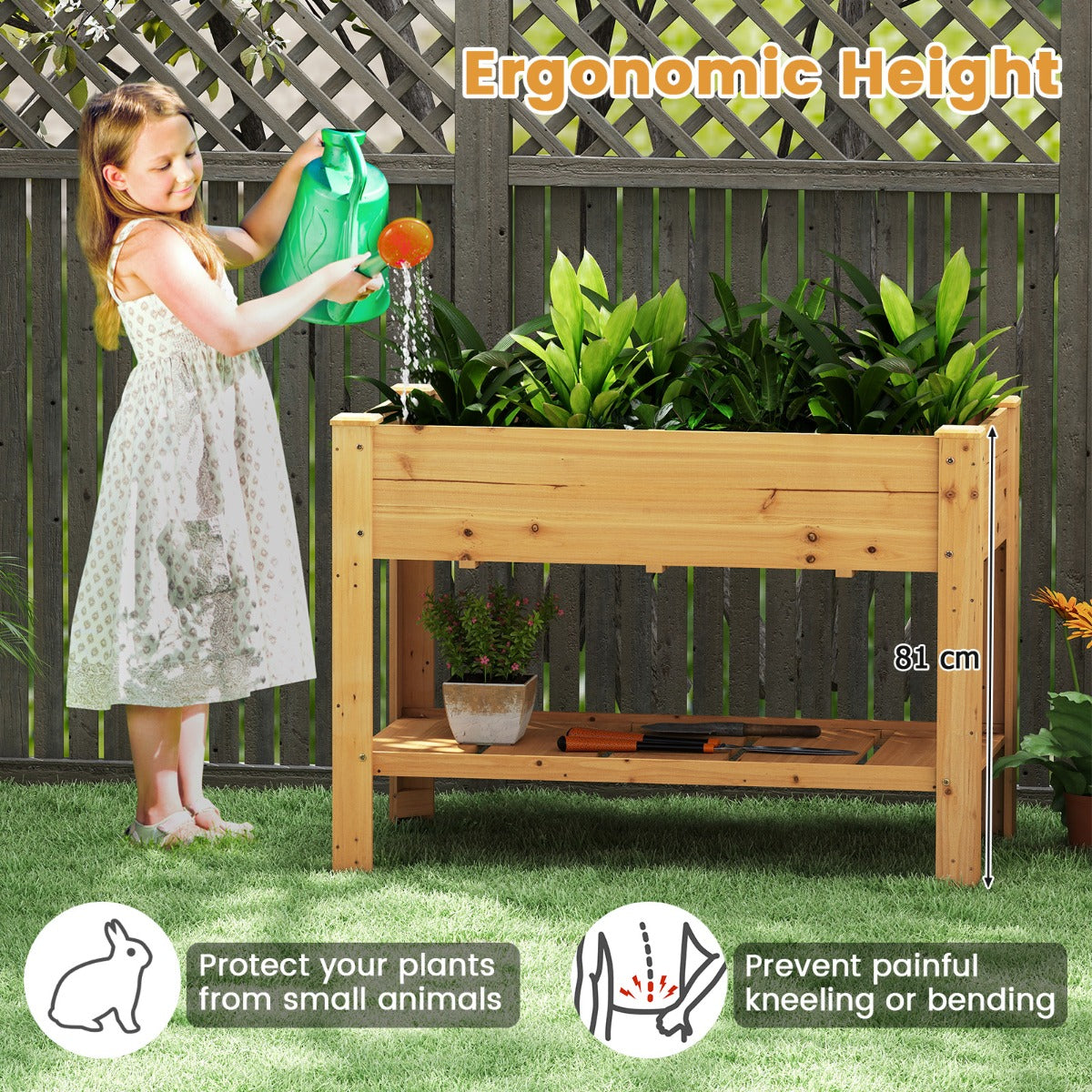 LIVSK Verhoogde Houten Tuinbak met Drainage - 120 x 60 x 81 cm - Ergonomisch - Opbergplank - Voor Planten - Koffie / Natural