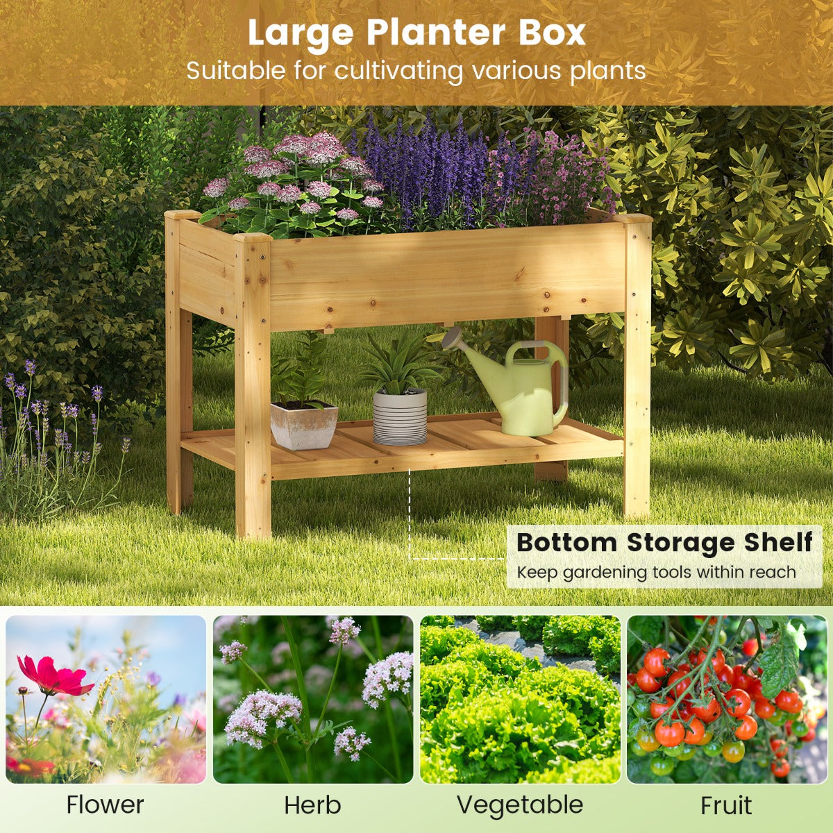 LIVSK Verhoogde Houten Tuinbak met Drainage - 120 x 60 x 81 cm - Ergonomisch - Opbergplank - Voor Planten - Koffie / Natural