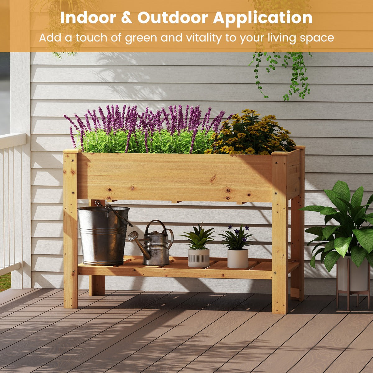 LIVSK Verhoogde Houten Tuinbak met Drainage - 120 x 60 x 81 cm - Ergonomisch - Opbergplank - Voor Planten - Koffie / Natural