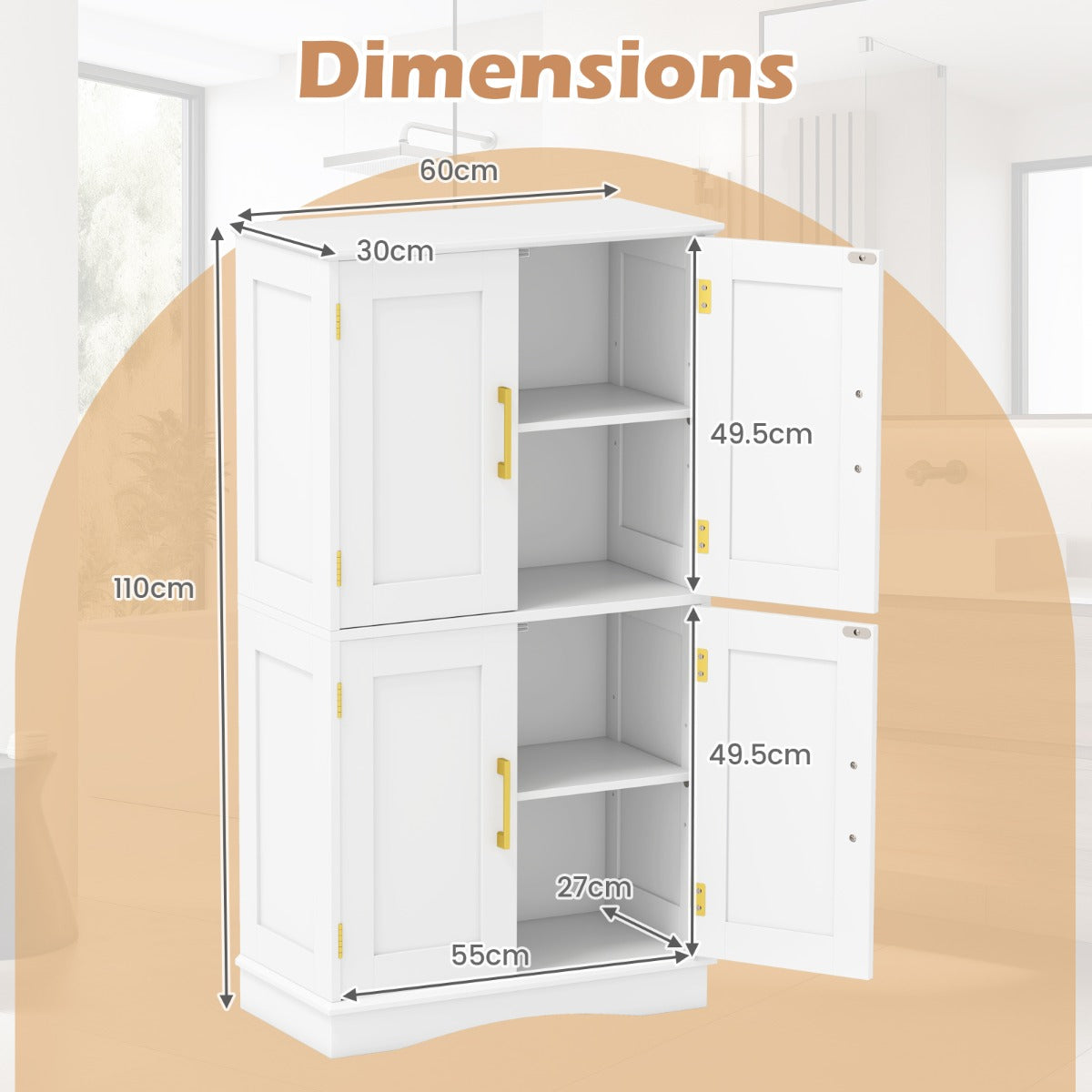 LIVSK Voorraadkast met 4 Deuren - Verstelbare Planken - Gouden Handgrepen - 60 x 30 x 110 cm - Wit
