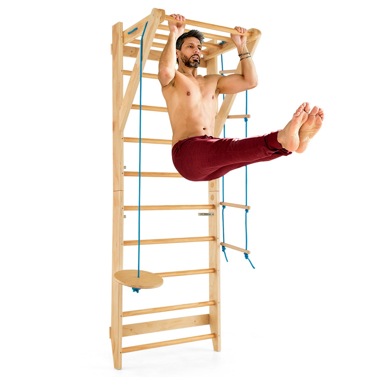 LIVSK Wand Klimrek - 4-in-1 Met Schommel, Touwladder en Optrekstang - Eenvoudige Montage - Tot 100 kg - Natuurlijk