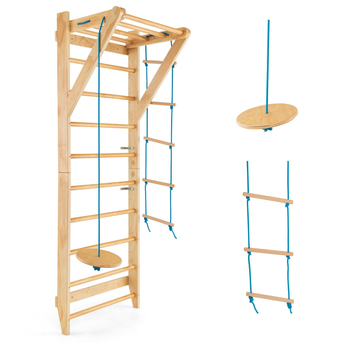 LIVSK Wand Klimrek - 4-in-1 Met Schommel, Touwladder en Optrekstang - Eenvoudige Montage - Tot 100 kg - Natuurlijk