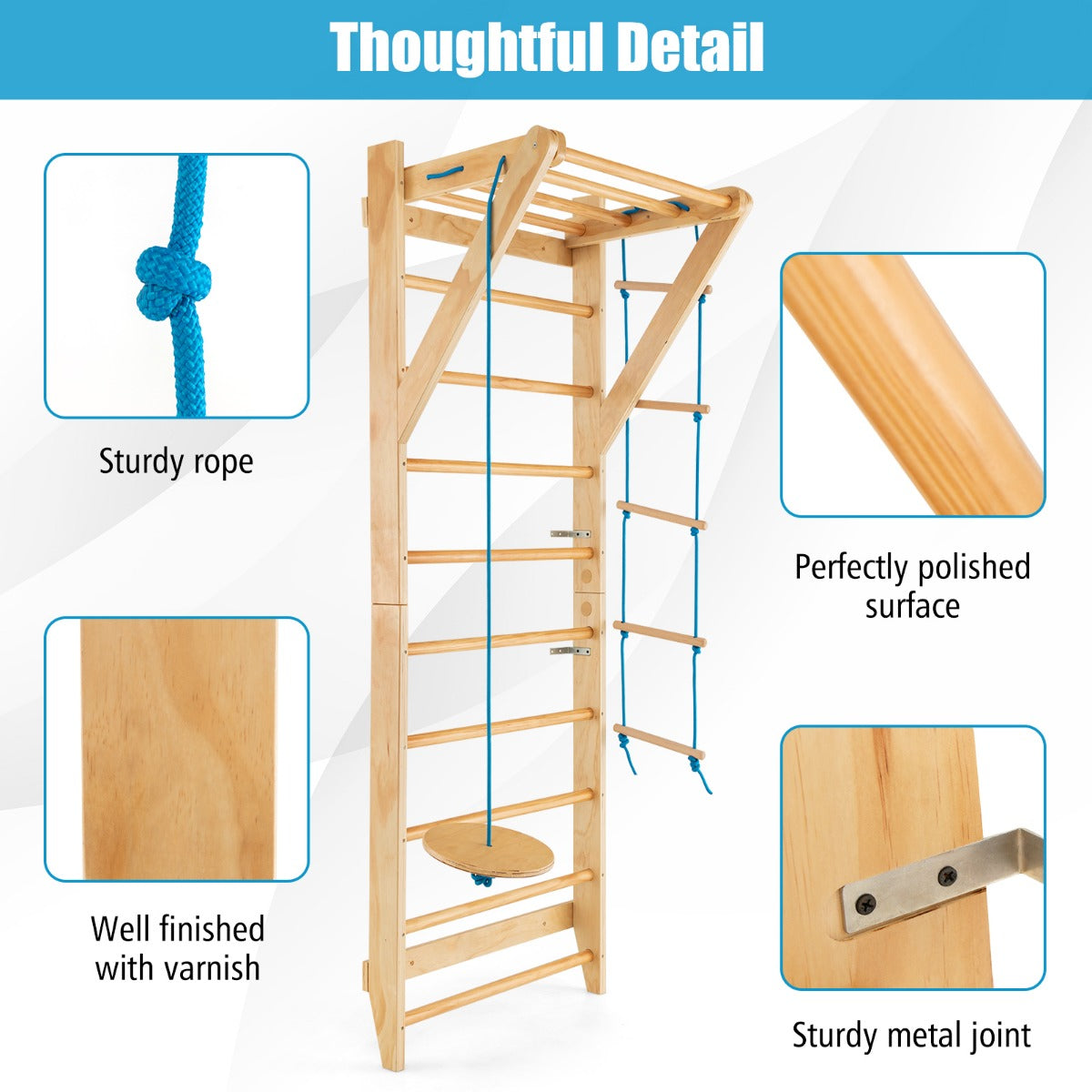 LIVSK Wand Klimrek - 4-in-1 Met Schommel, Touwladder en Optrekstang - Eenvoudige Montage - Tot 100 kg - Natuurlijk