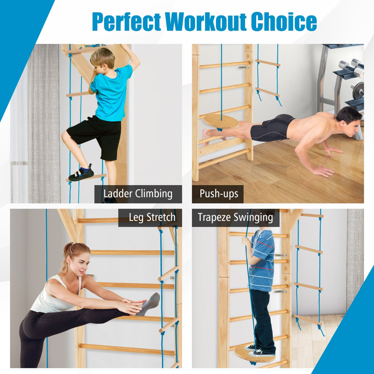 LIVSK Wand Klimrek - 4-in-1 Met Schommel, Touwladder en Optrekstang - Eenvoudige Montage - Tot 100 kg - Natuurlijk