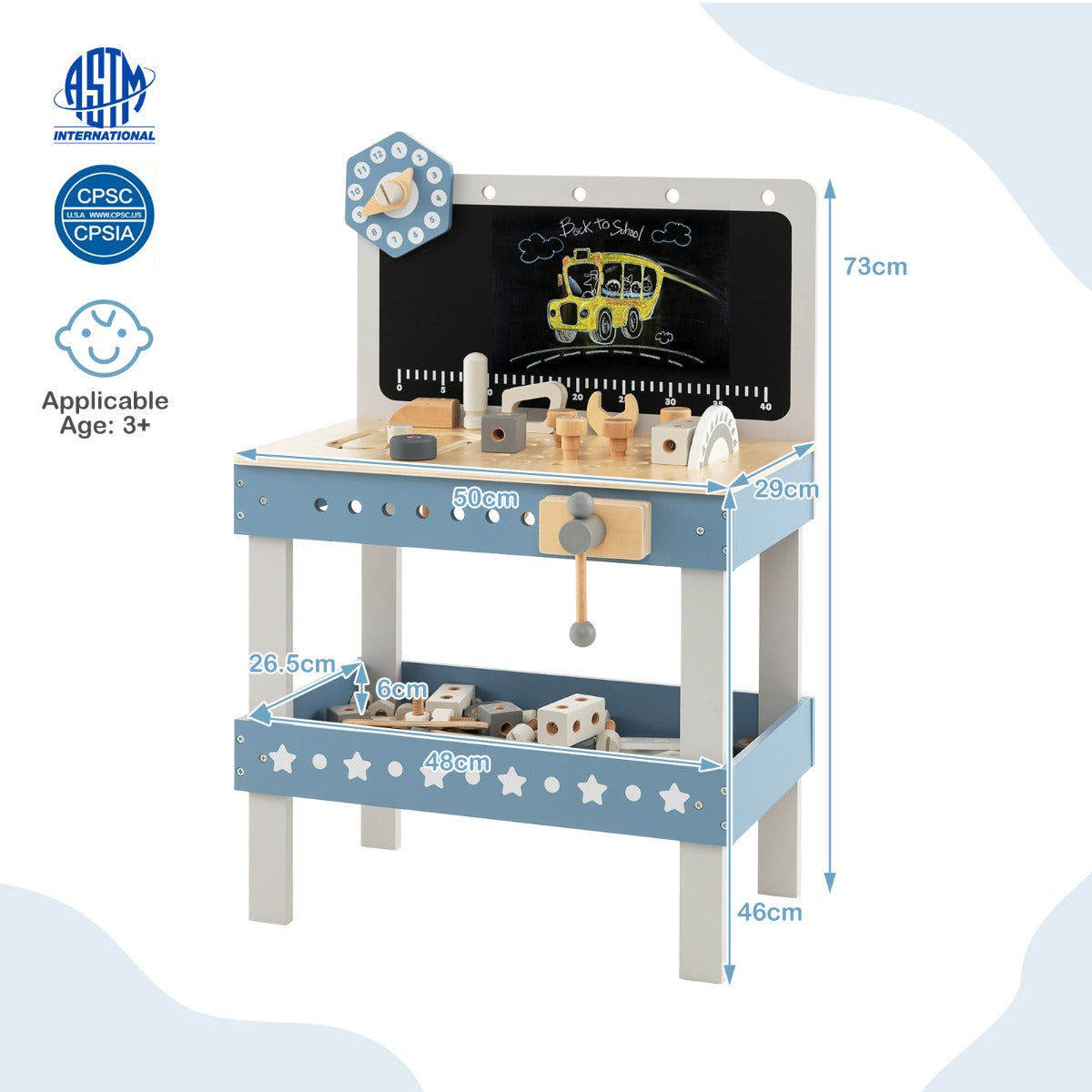 LIVSK Houten Kinderwerkbank - 61-delige Gereedschapsset - Creatief Spelen - Veilig Ontwerp - 50 x 29 x 73 cm - Blauw