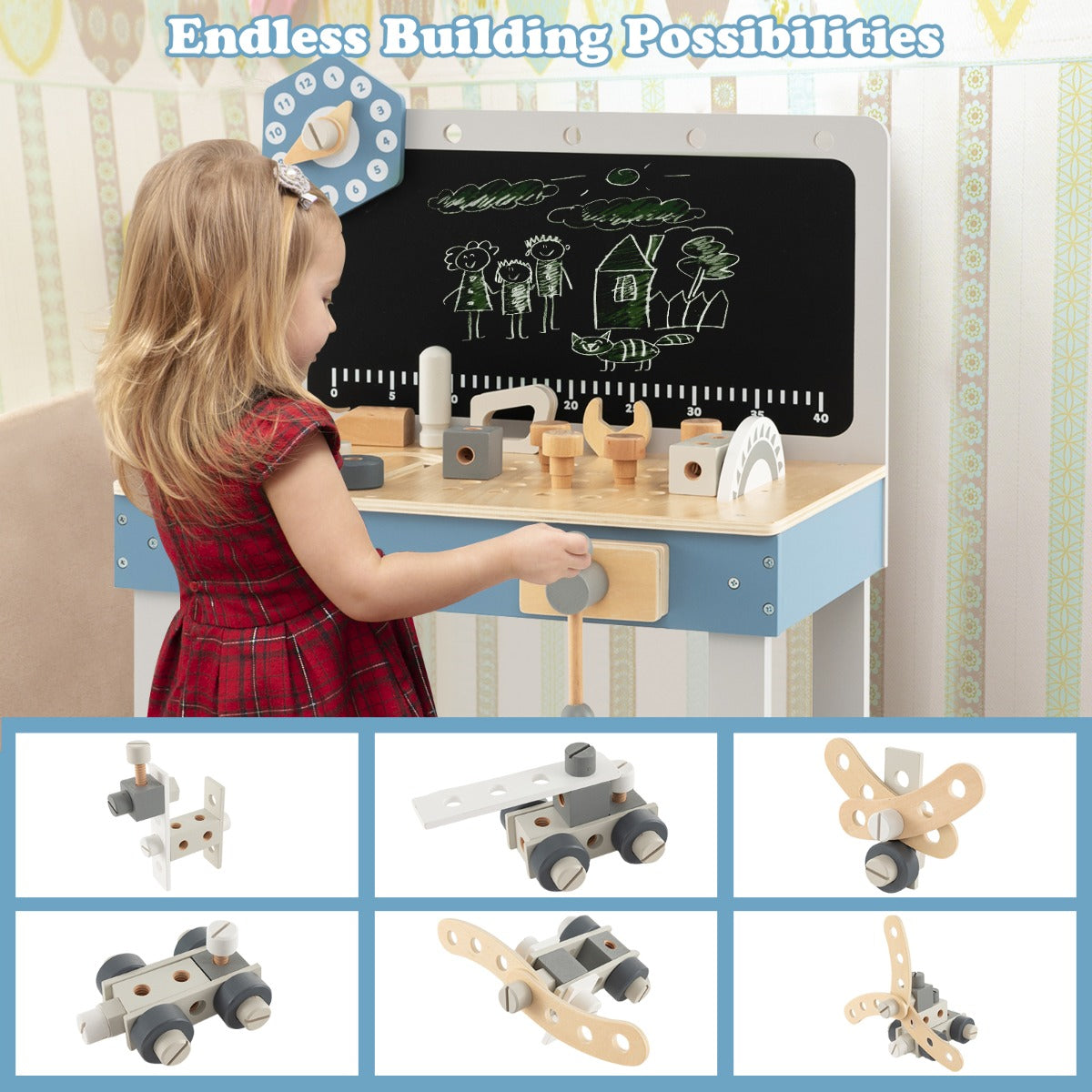 LIVSK Houten Kinderwerkbank - 61-delige Gereedschapsset - Creatief Spelen - Veilig Ontwerp - 50 x 29 x 73 cm - Blauw