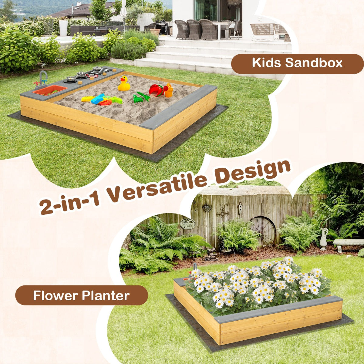 Livsk costway houten zandbak voor kinderen met keukenaccessoires ingebouwde bank en bodemfolie voor tuin achtertuin