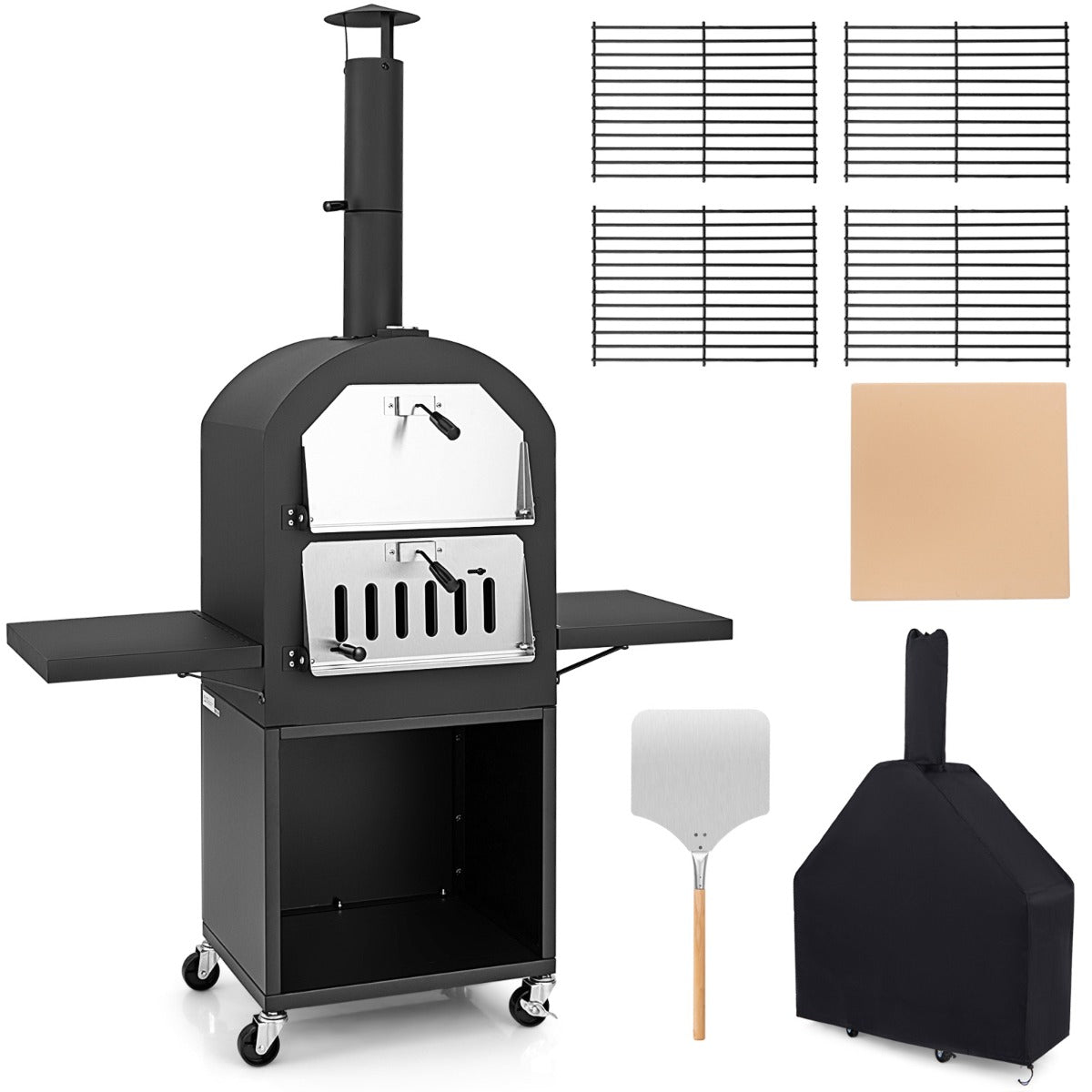 LIVSK Houtgestookte Pizzaoven - Ingebouwde Thermometer - 4 Wielen - Pizzasteen en Schep - Voor Buiten - 116 x 44 x 170 cm - Zwart