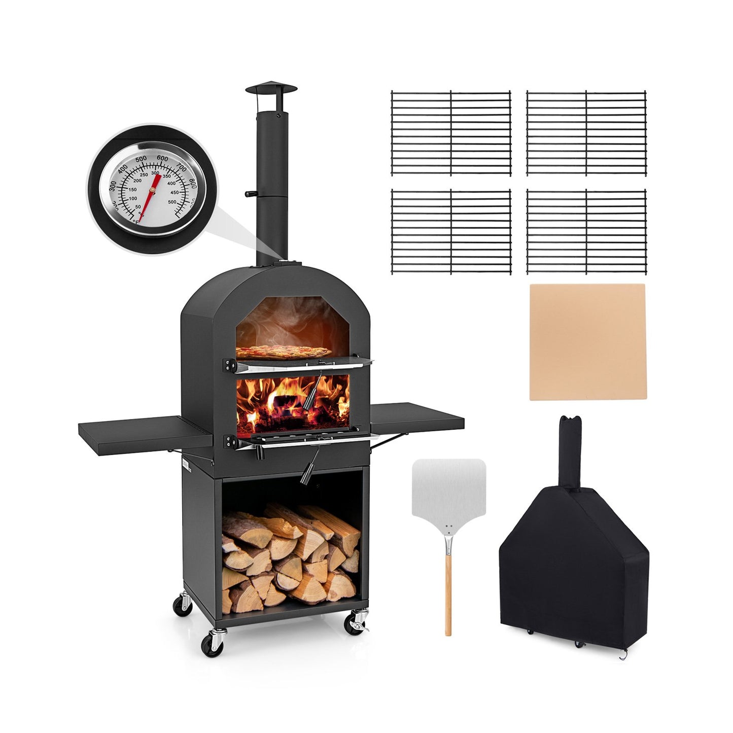 LIVSK Houtgestookte Pizzaoven - Ingebouwde Thermometer - 4 Wielen - Pizzasteen en Schep - Voor Buiten - 116 x 44 x 170 cm - Zwart