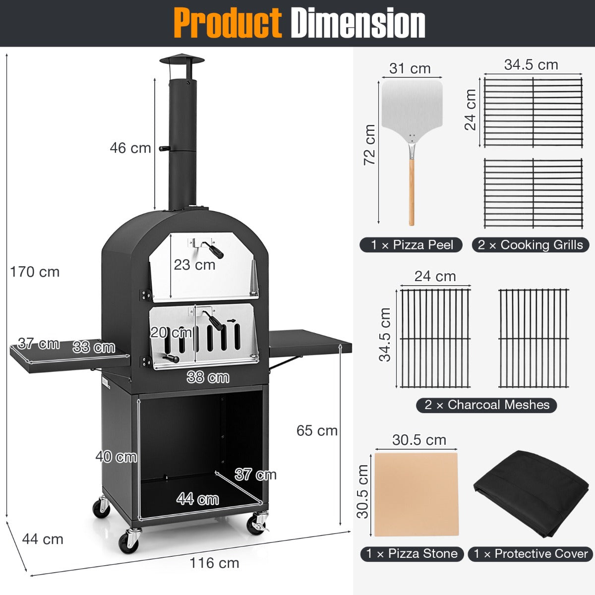 LIVSK Houtgestookte Pizzaoven - Ingebouwde Thermometer - 4 Wielen - Pizzasteen en Schep - Voor Buiten - 116 x 44 x 170 cm - Zwart