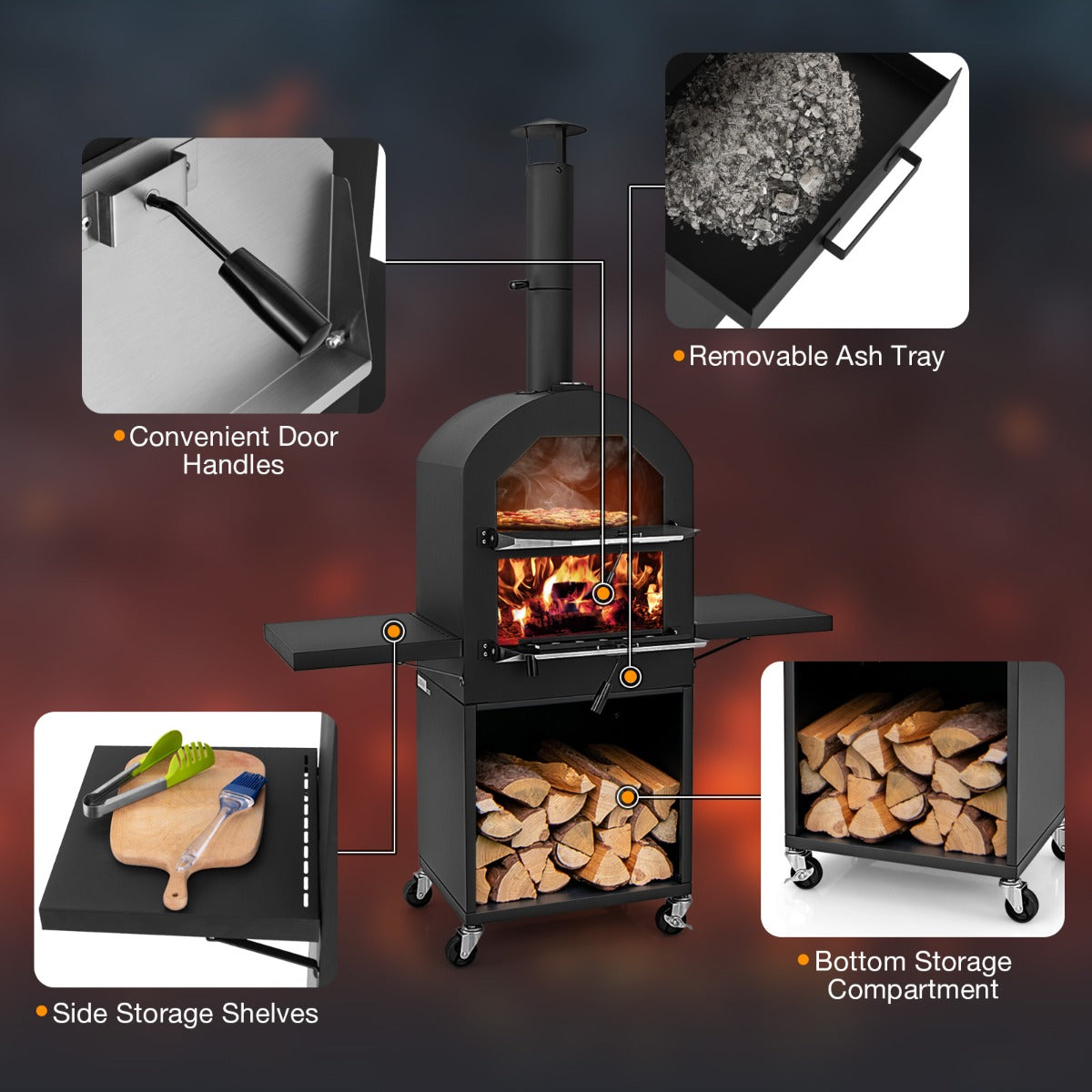 LIVSK Houtgestookte Pizzaoven - Ingebouwde Thermometer - 4 Wielen - Pizzasteen en Schep - Voor Buiten - 116 x 44 x 170 cm - Zwart