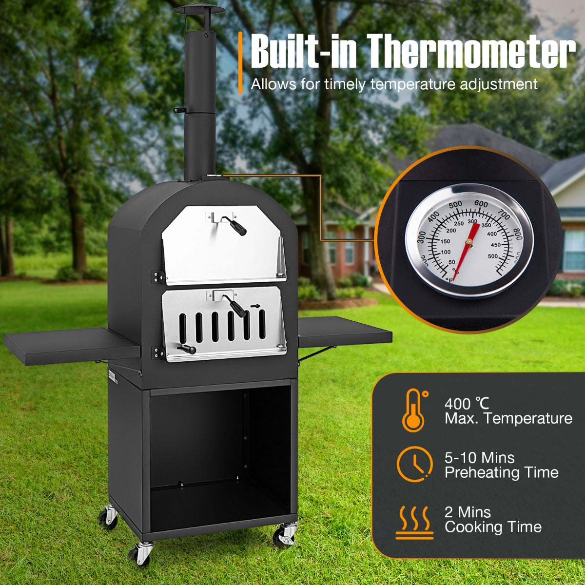 LIVSK Houtgestookte Pizzaoven - Ingebouwde Thermometer - 4 Wielen - Pizzasteen en Schep - Voor Buiten - 116 x 44 x 170 cm - Zwart