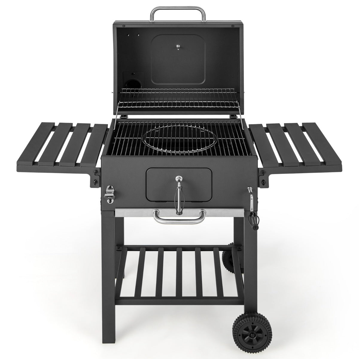 LIVSK Metalen Houtskoolbarbecue - Extra Groot Kookoppervlak - Verstelbare Schoorsteen en Lade - 2 Wielen - Zwart