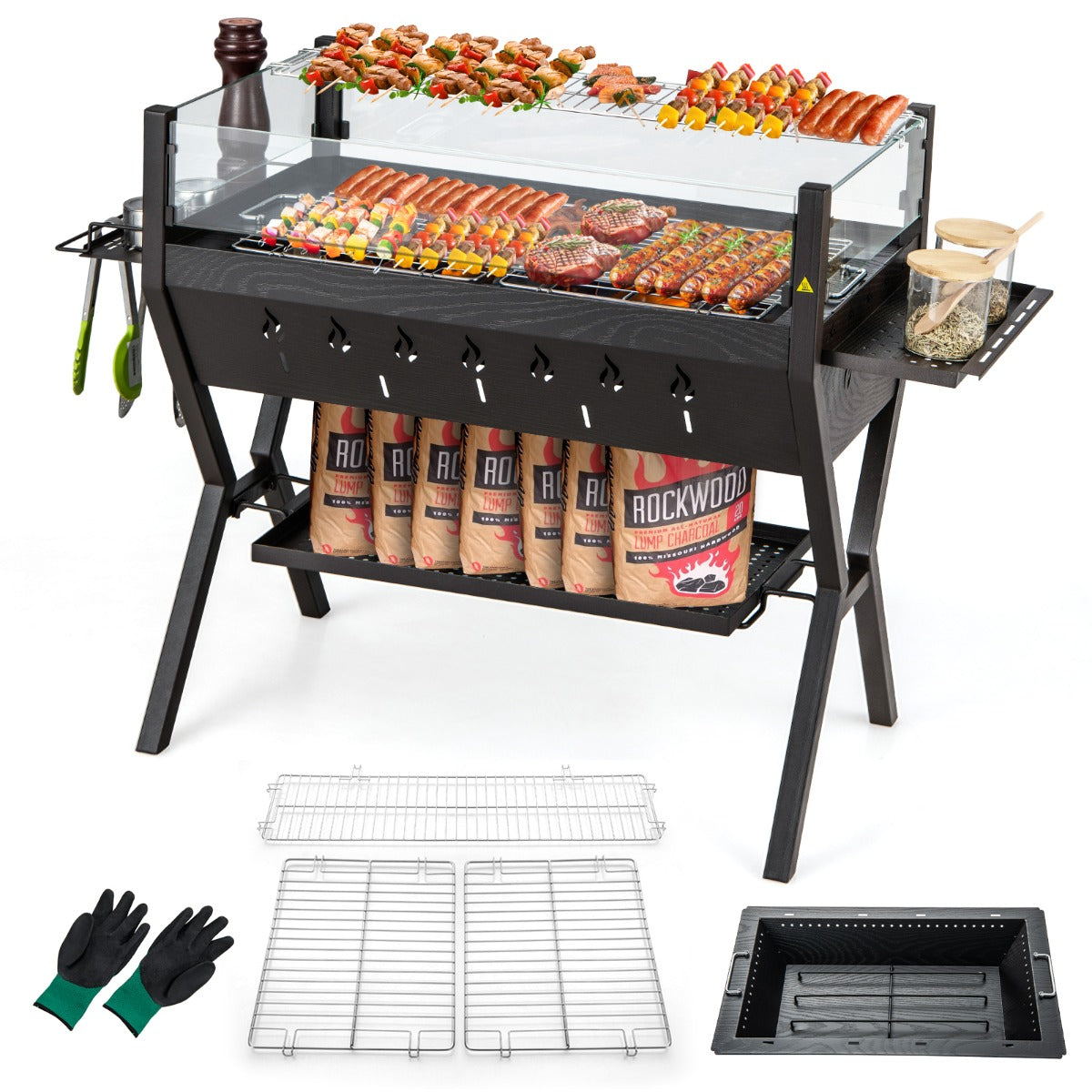 LIVSK 3-in-1 Houtskoolbarbecue met Windscherm - Roestvrijstalen Grillroosters - Zijdelingse Kruidenrekken - 98 x 42 x 68 cm -