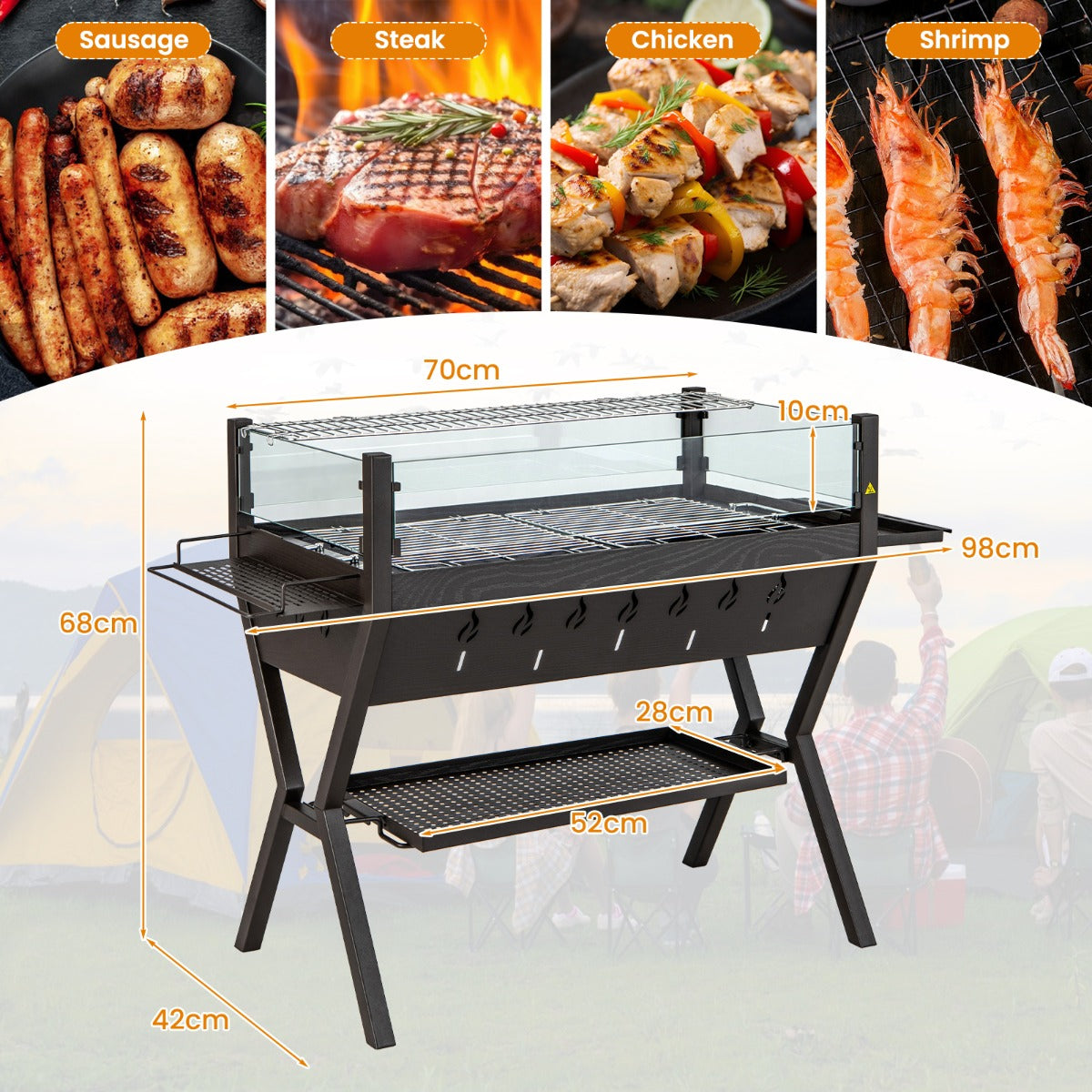 LIVSK 3-in-1 Houtskoolbarbecue met Windscherm - Roestvrijstalen Grillroosters - Zijdelingse Kruidenrekken - 98 x 42 x 68 cm -