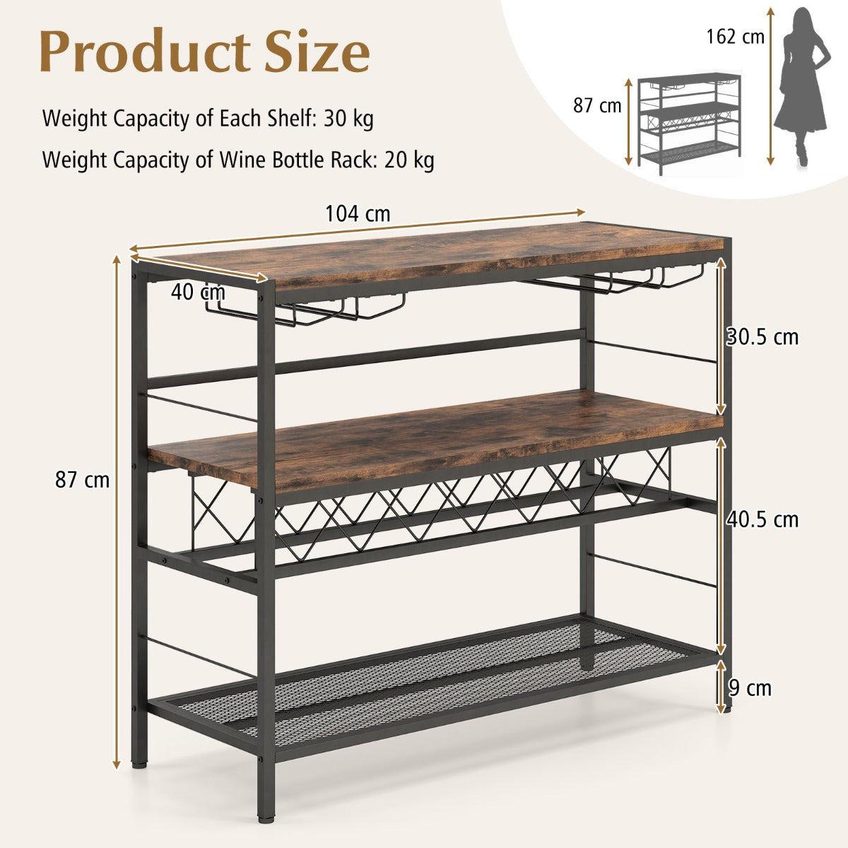 LIVSK Wijnrektafel met Glashouder - Ruimte voor 7 Flessen en 16 Glazen - Robuust Metalen Frame - Rustiek Bruin
