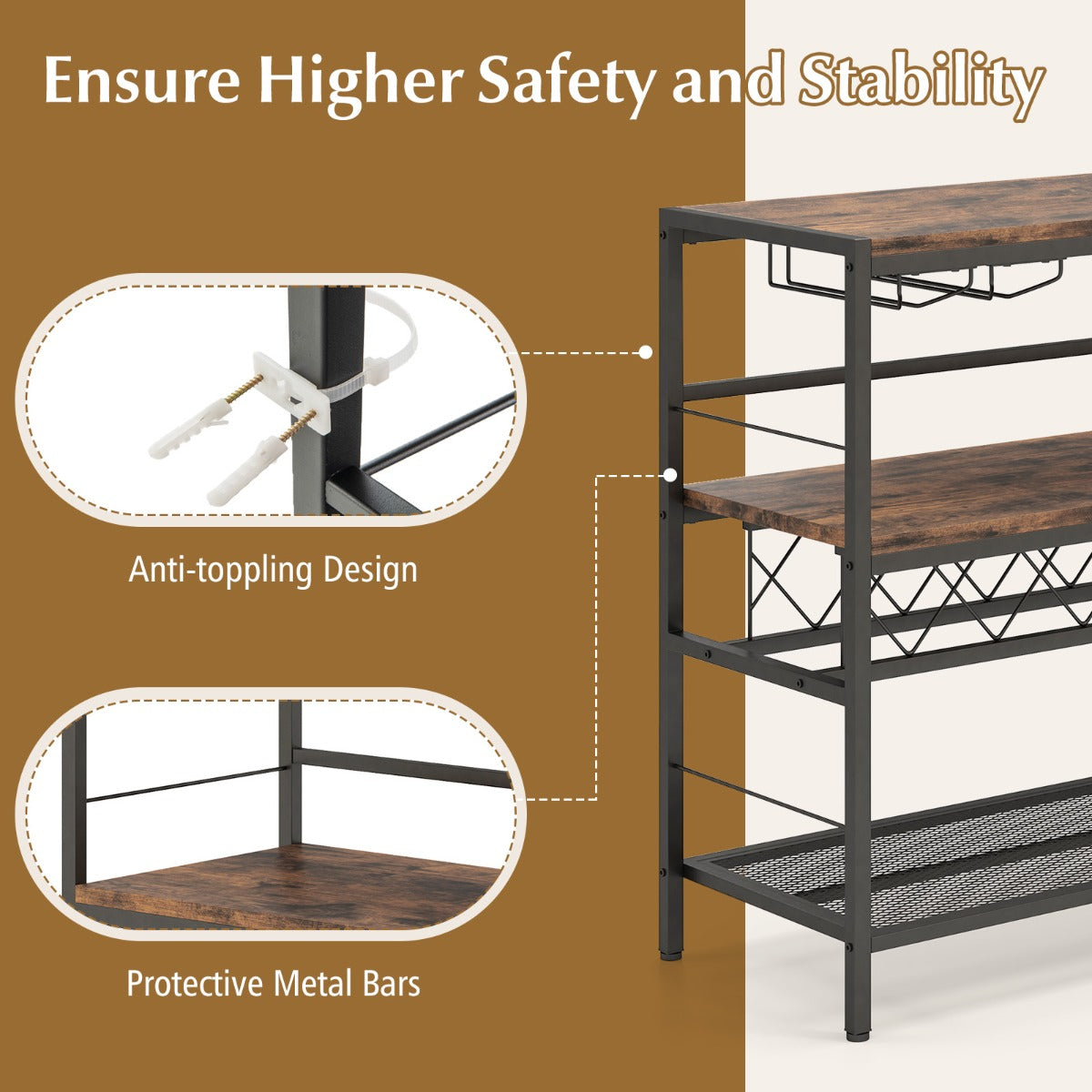 LIVSK Wijnrektafel met Glashouder - Ruimte voor 7 Flessen en 16 Glazen - Robuust Metalen Frame - Rustiek Bruin