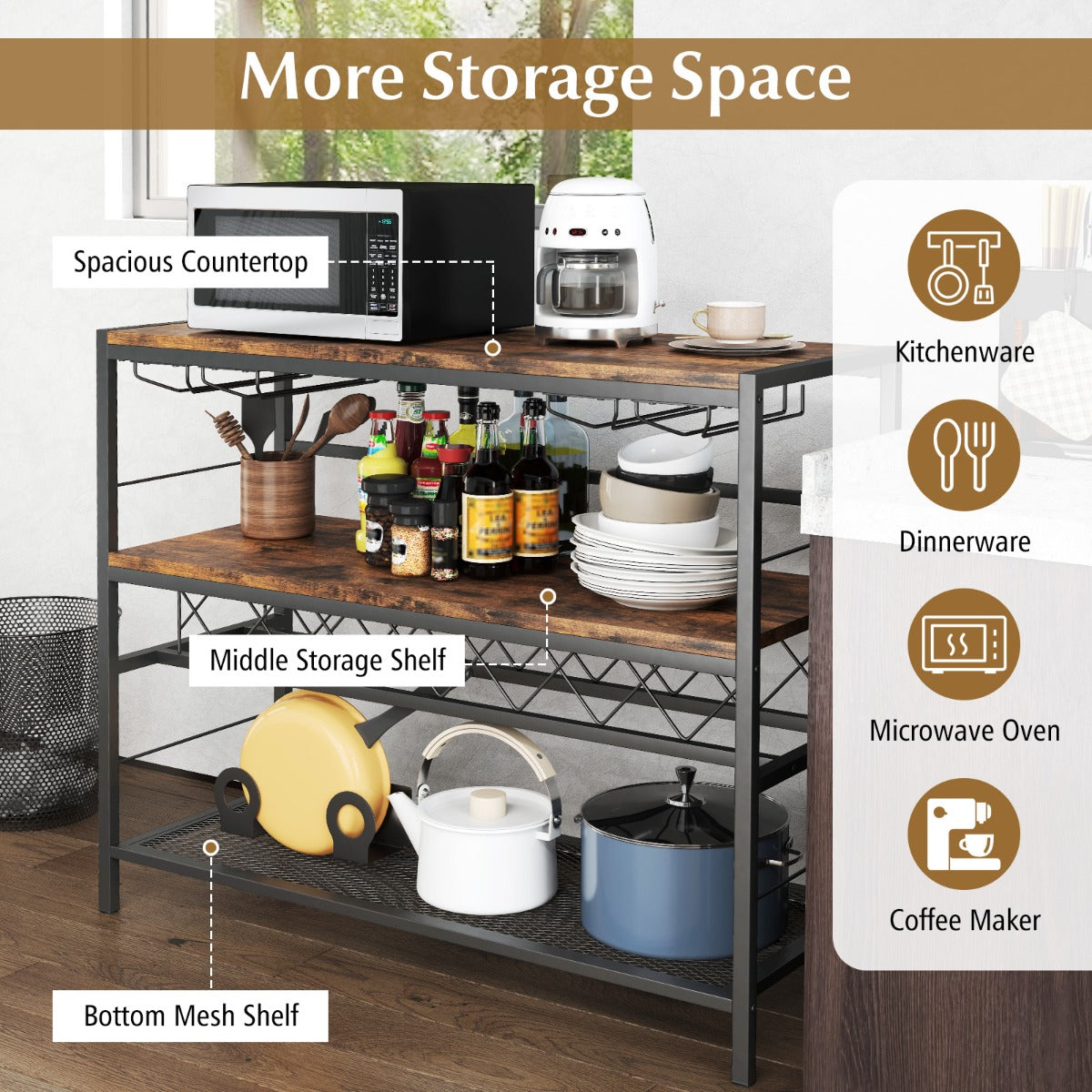 LIVSK Wijnrektafel met Glashouder - Ruimte voor 7 Flessen en 16 Glazen - Robuust Metalen Frame - Rustiek Bruin
