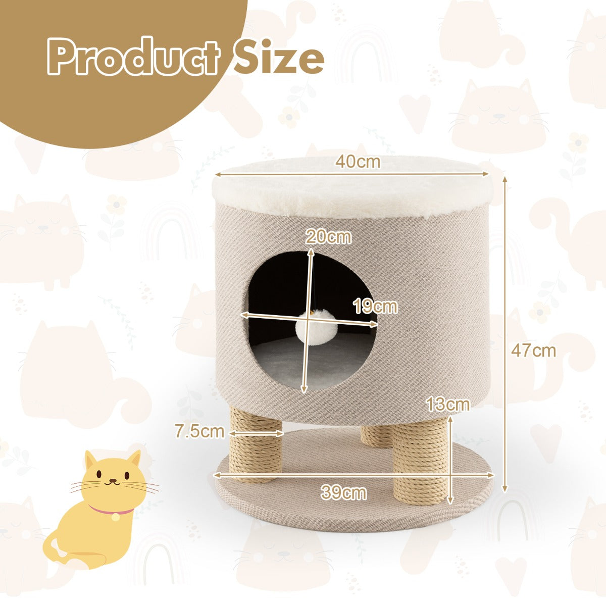 LIVSK Cat Condo Kruk - 3-in-1 Meubel voor Katten - Krabpalen - Hangende Bal - Eenvoudige Montage - Beige