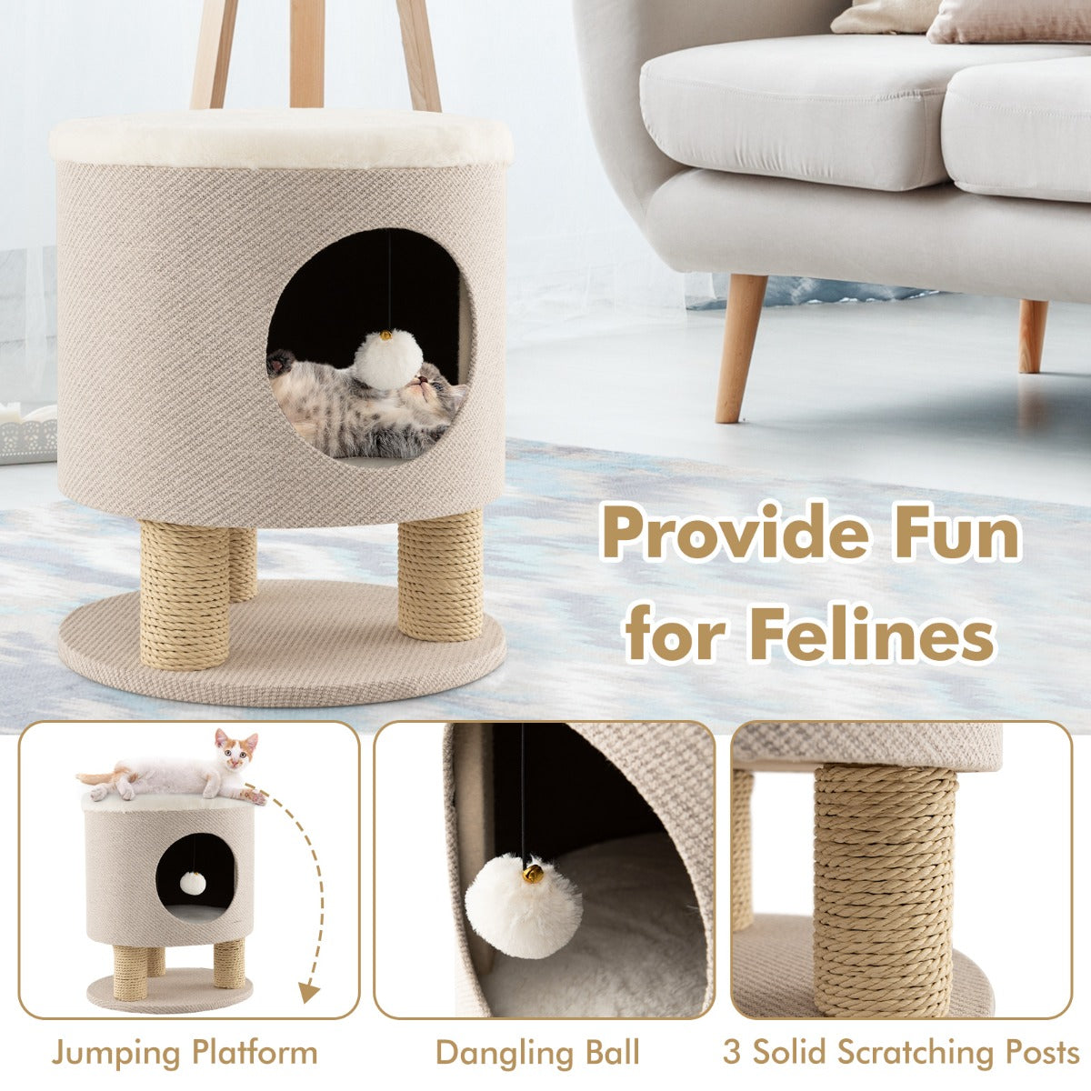 LIVSK Cat Condo Kruk - 3-in-1 Meubel voor Katten - Krabpalen - Hangende Bal - Eenvoudige Montage - Beige