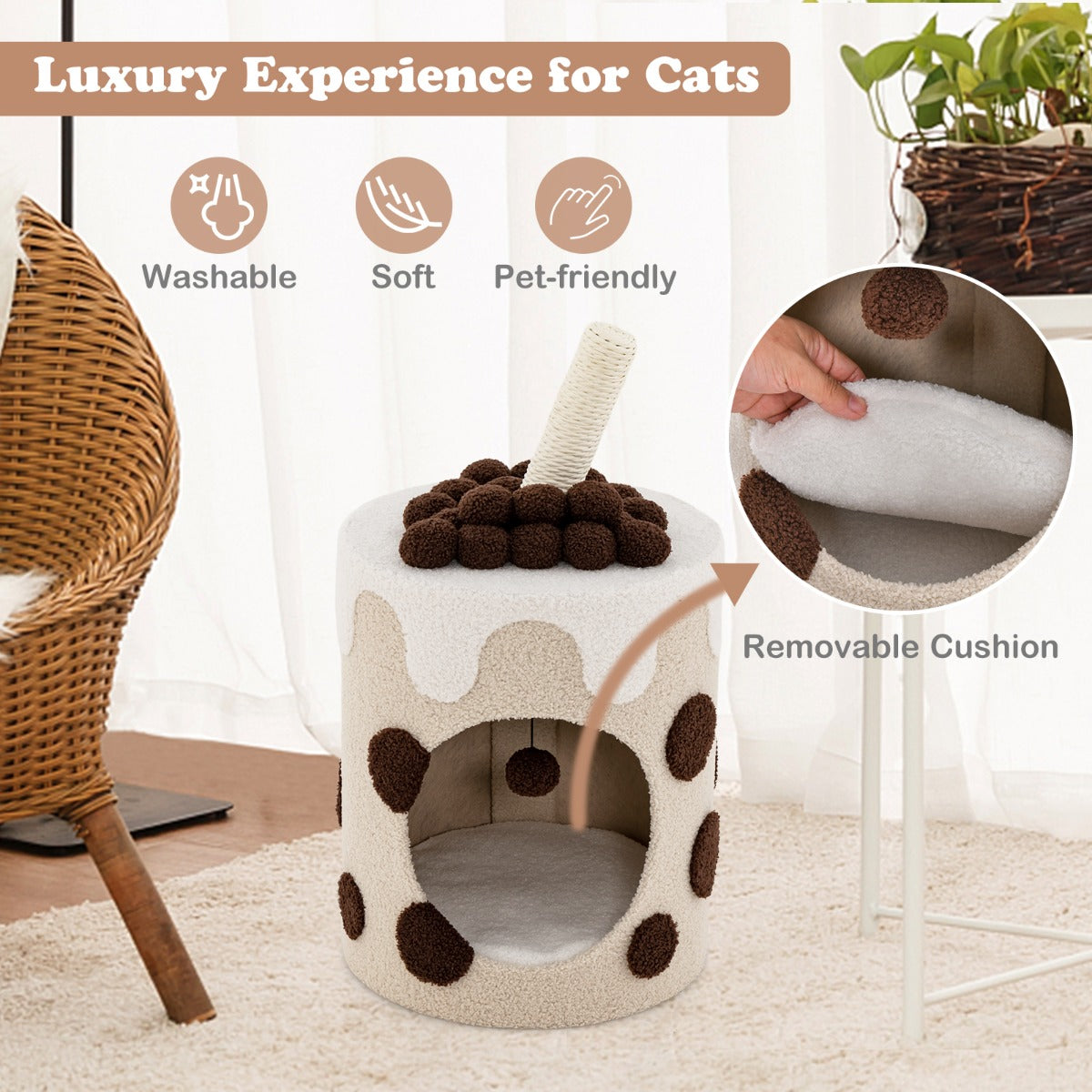 LIVSK Bubble Tea Krabpaal voor Katten - Interactieve Hangende Bal - Afneembaar Kussen - Pluche Bekleding - 67 x 37 x 37 cm -