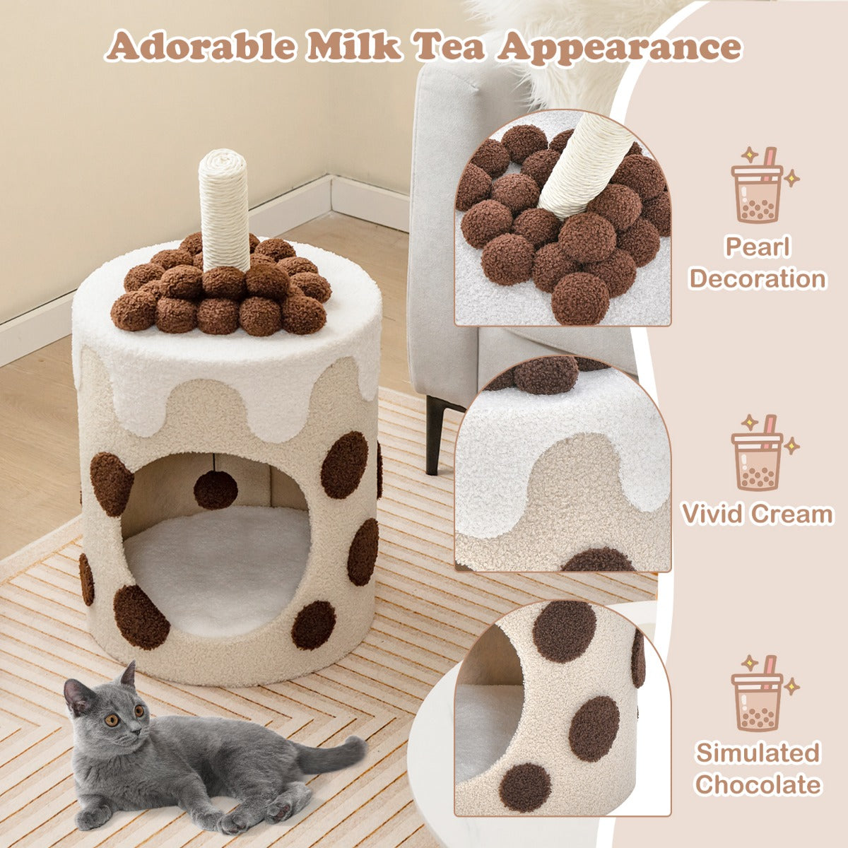 LIVSK Bubble Tea Krabpaal voor Katten - Interactieve Hangende Bal - Afneembaar Kussen - Pluche Bekleding - 67 x 37 x 37 cm -