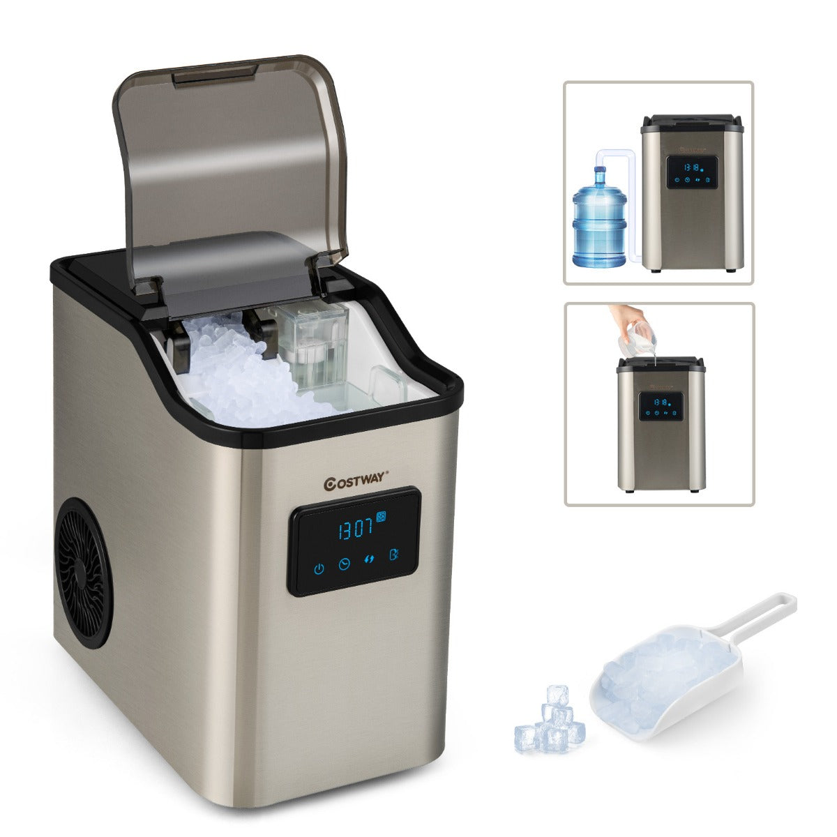 LIVSK Tafelijsmachine voor Nugget-ijs - Capaciteit 24 kg/dag - Roestvrij staal - Zelfreinigend - Timerfunctie - Zilver