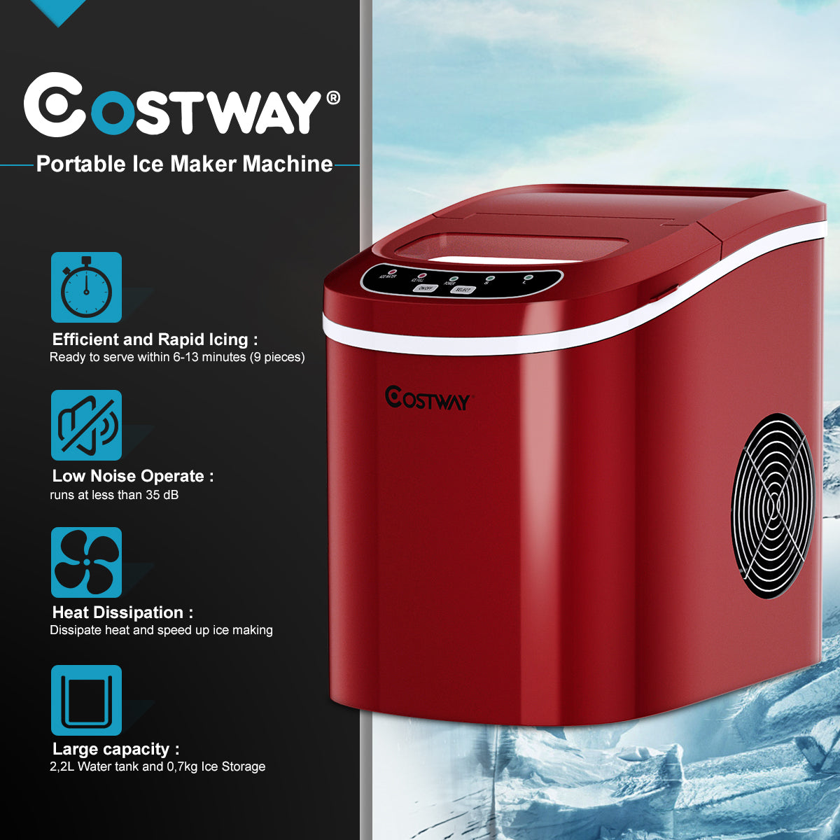 LIVSK IJsblokjesmachine - 12 kg per 24u - 2,2L Waterreservoir - Compact en Energiezuinig - Kies IJsblokjesgrootte - Rood