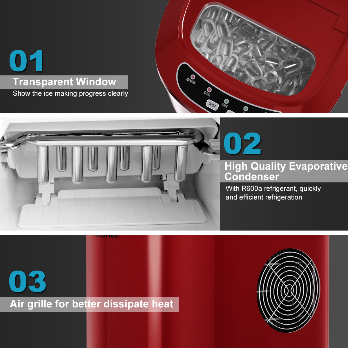 LIVSK IJsblokjesmachine - 12 kg per 24u - 2,2L Waterreservoir - Compact en Energiezuinig - Kies IJsblokjesgrootte - Rood