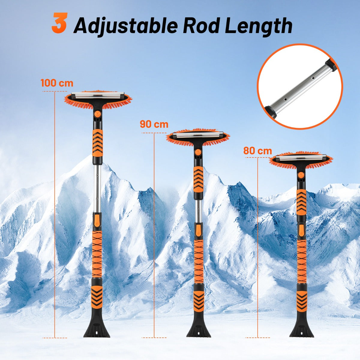 LIVSK 4-in-1 sneeuwkrabberset - Luxe PET-borstel - Rubber schraper - Telescopische steel - Ergonomisch - Oranje