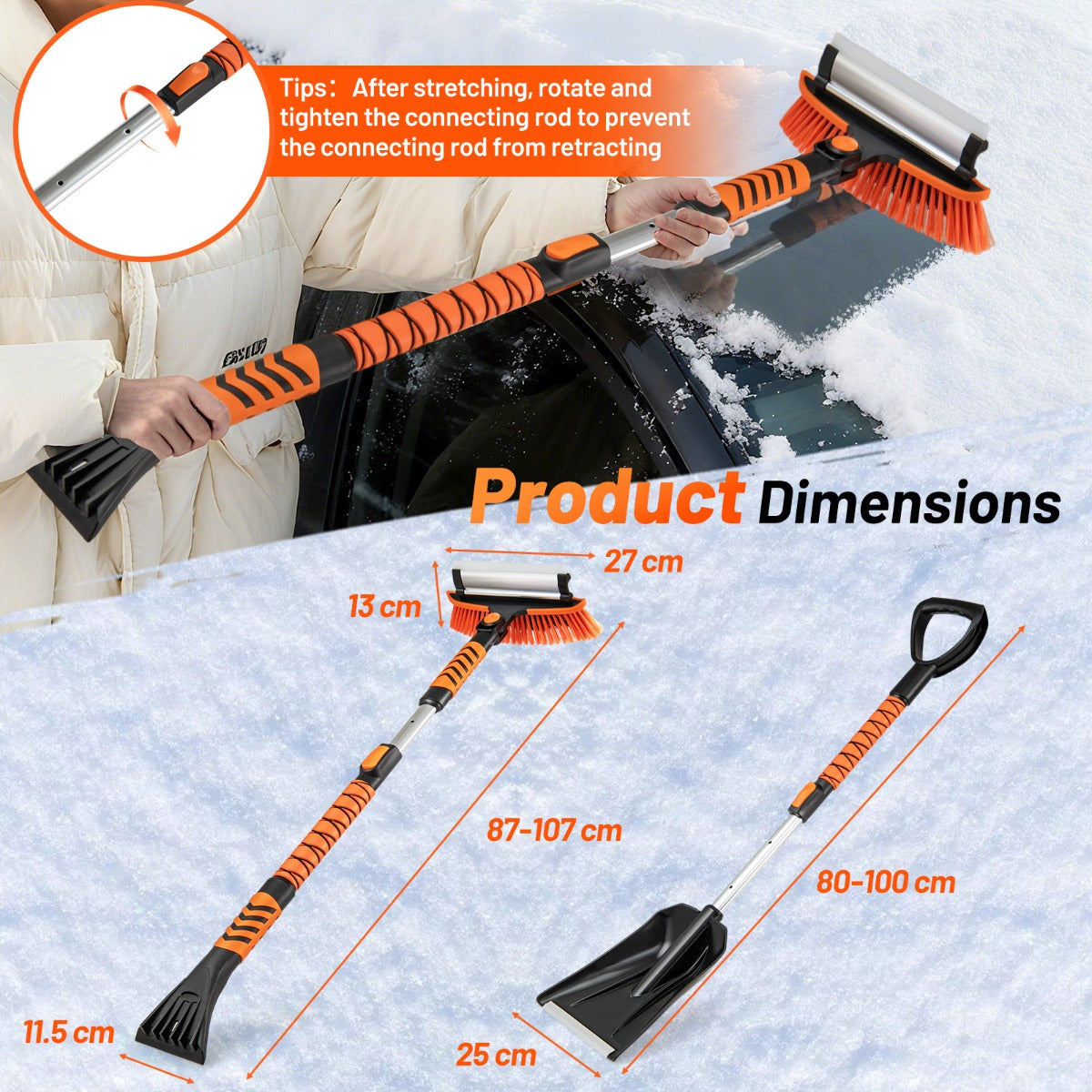 LIVSK 4-in-1 sneeuwkrabberset - Luxe PET-borstel - Rubber schraper - Telescopische steel - Ergonomisch - Oranje