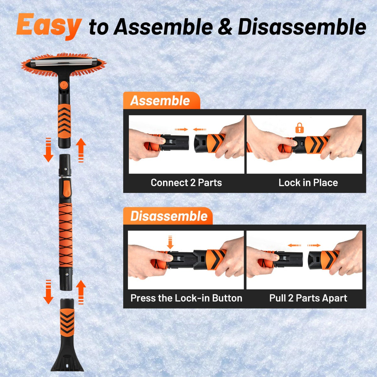 LIVSK 4-in-1 sneeuwkrabberset - Luxe PET-borstel - Rubber schraper - Telescopische steel - Ergonomisch - Oranje