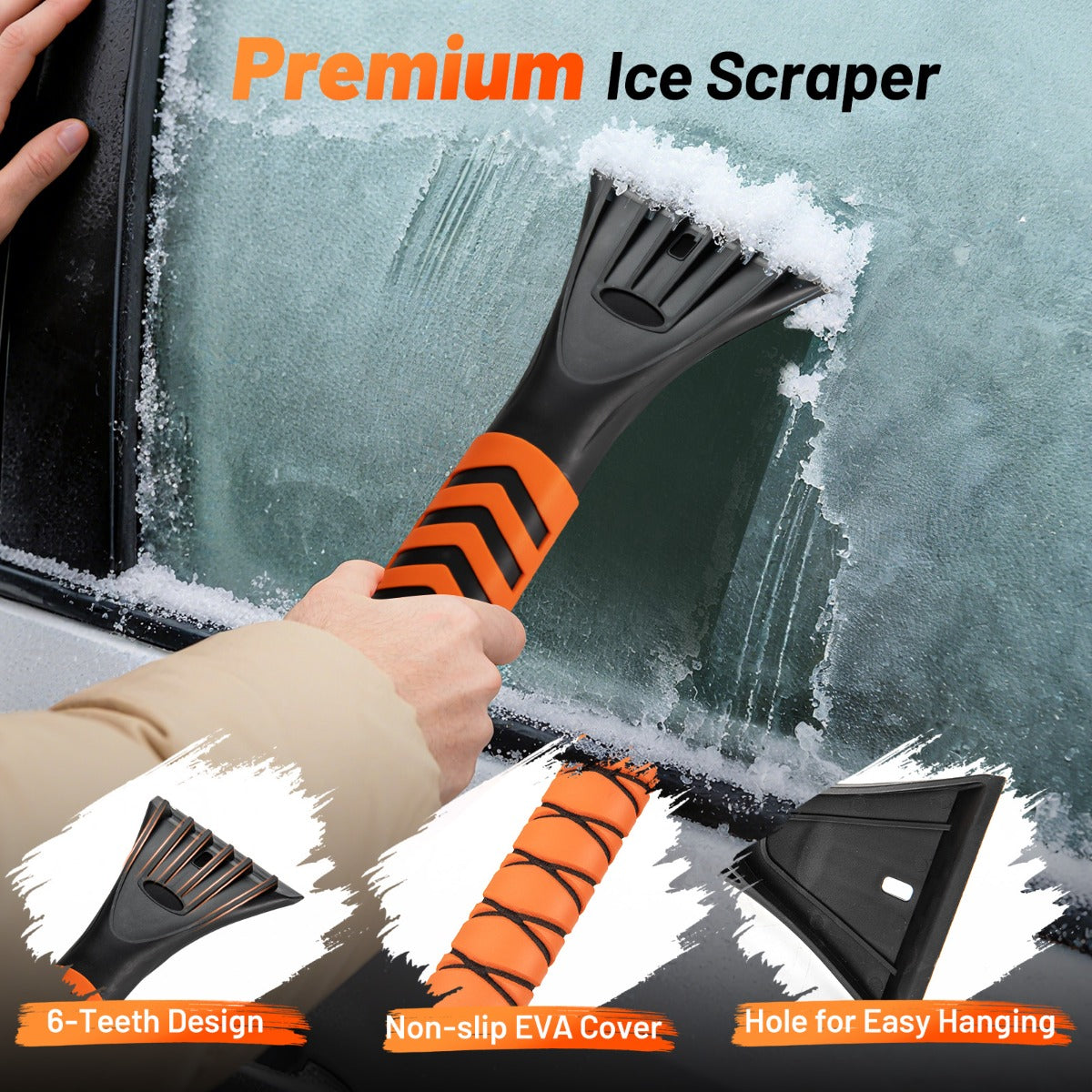 LIVSK 4-in-1 sneeuwkrabberset - Luxe PET-borstel - Rubber schraper - Telescopische steel - Ergonomisch - Oranje