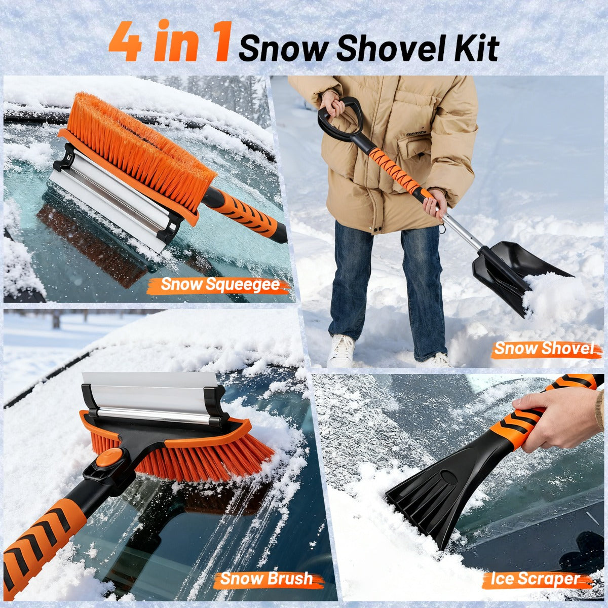LIVSK 4-in-1 sneeuwkrabberset - Luxe PET-borstel - Rubber schraper - Telescopische steel - Ergonomisch - Oranje