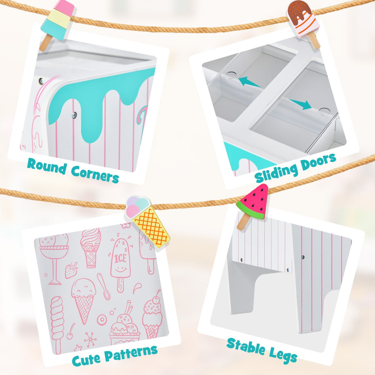 LIVSK IJswagen Speelgoed - 12 IJsaccessoires - Duwgreep en Wielen - Kindvriendelijk - MDF en Massief Hout - Blauw + Roze