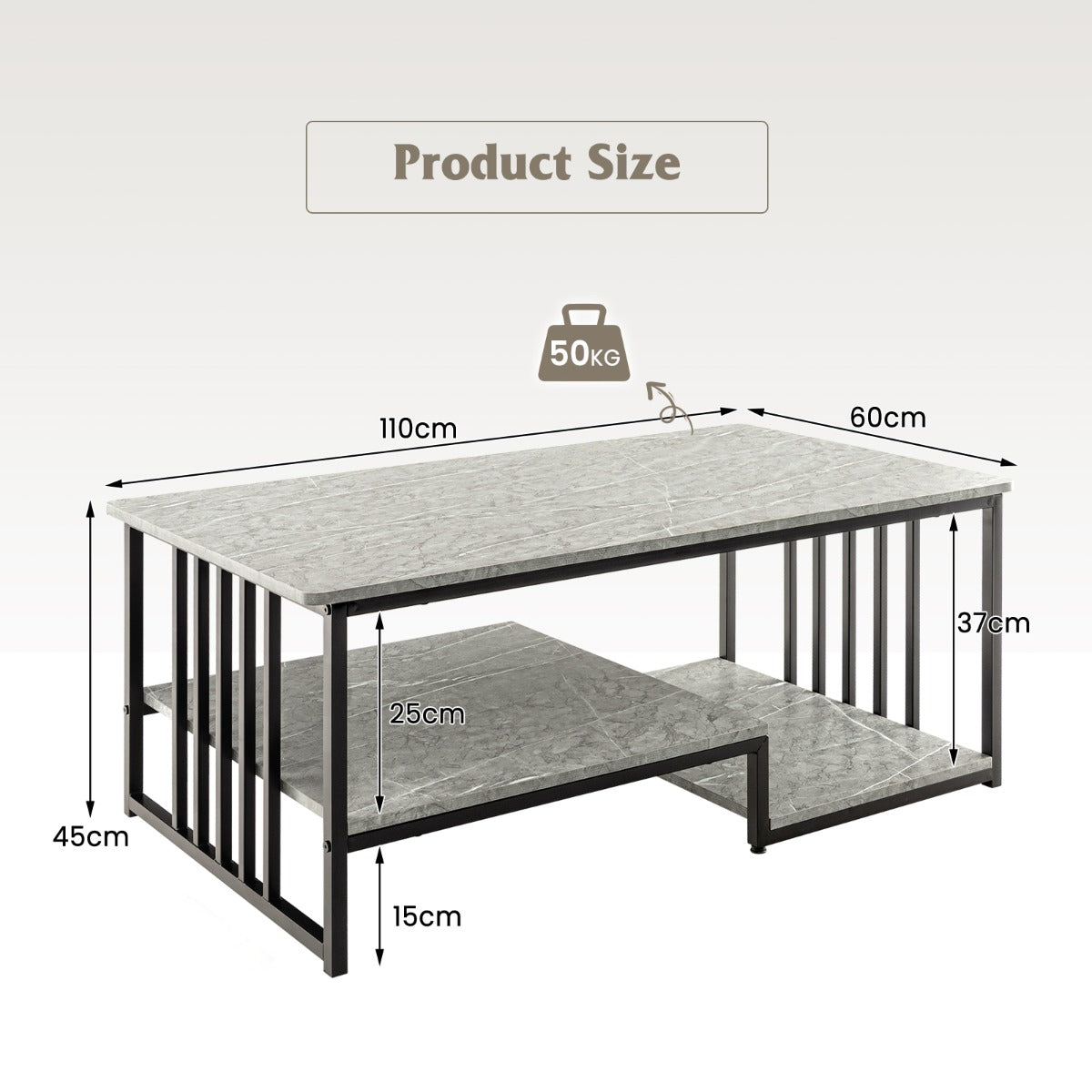 LIVSK Rechthoekige Salontafel - Imitatiemarmer Blad - Zwart Metalen Frame - Veel Opbergruimte - 110 x 60 x 45 cm - Grijs en zwart