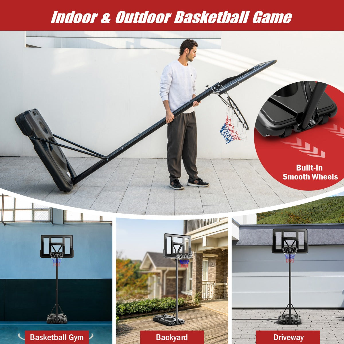 LIVSK Verstelbare Basketbalstandaard - Hoogwaardig Onbreekbaar Bord - 12 Hoogte-instellingen - Weerbestendig - Zwart
