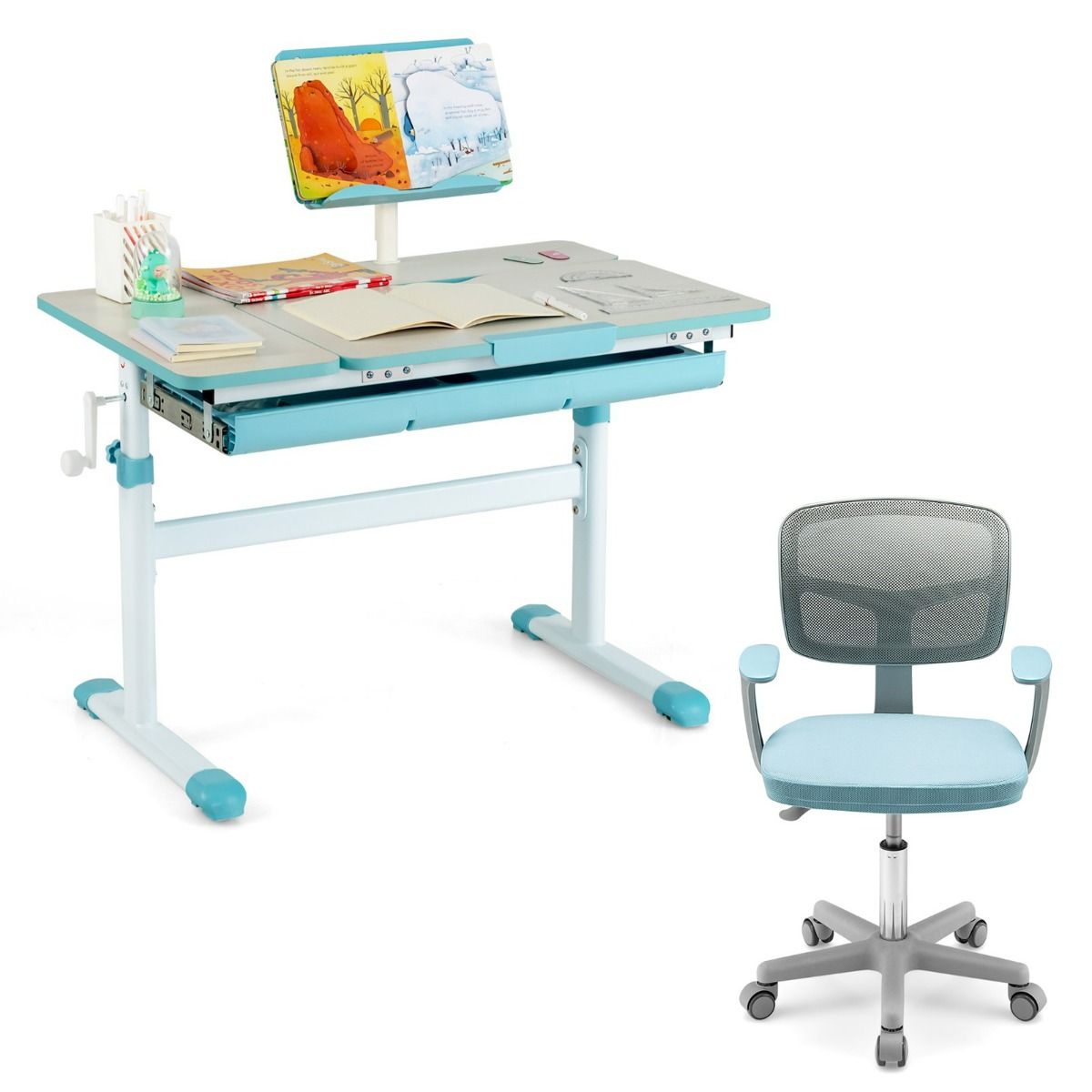Livsk costway in hoogte verstelbaar kinderbureau en bureaustoel blauwe ergonomische tafel en draaibare mesh zitting